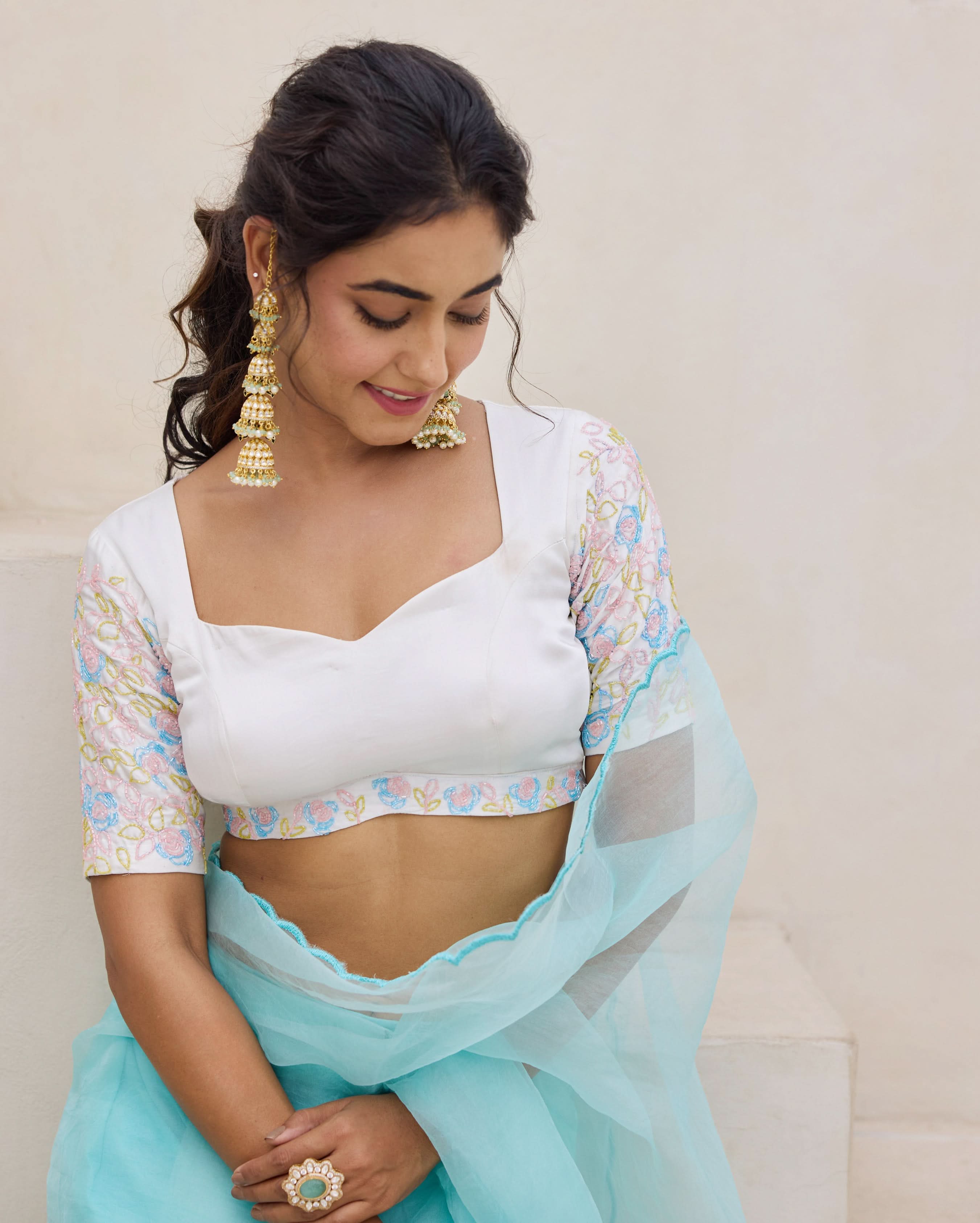 Meadow Whisper White Chanderi Embroidered Blouse - Image 5