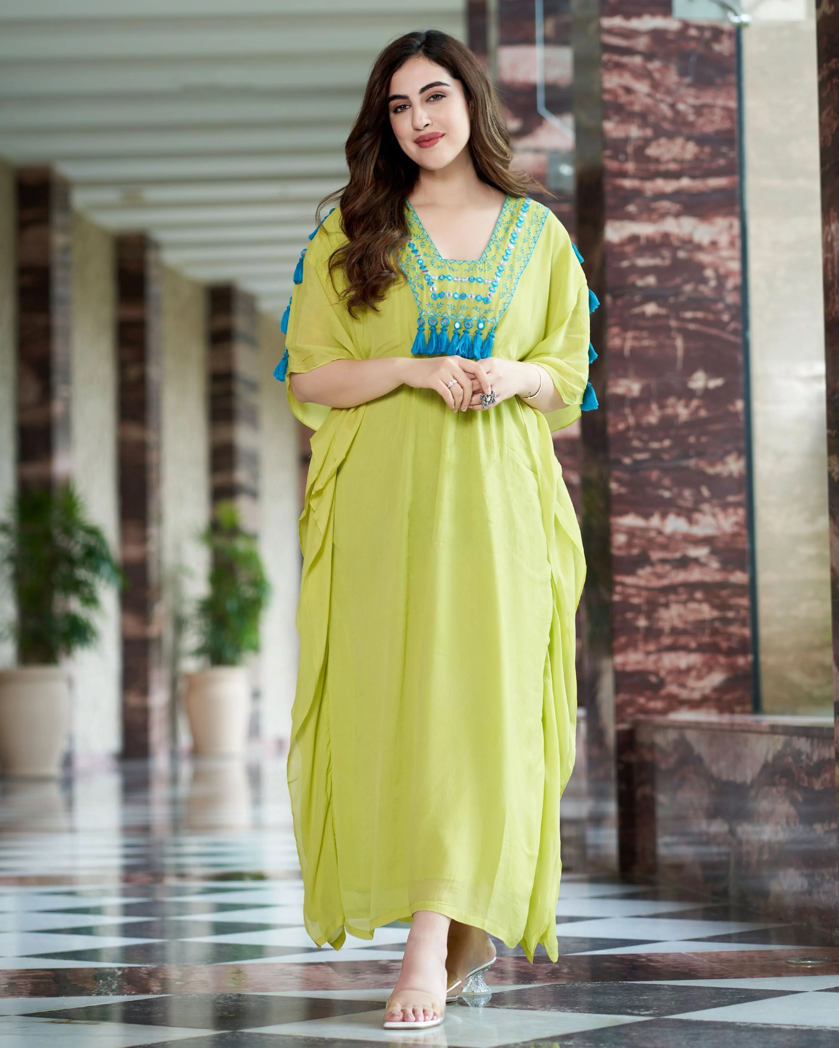 Meera Neon Green Embroidered Chinon Kaftan - Image 3