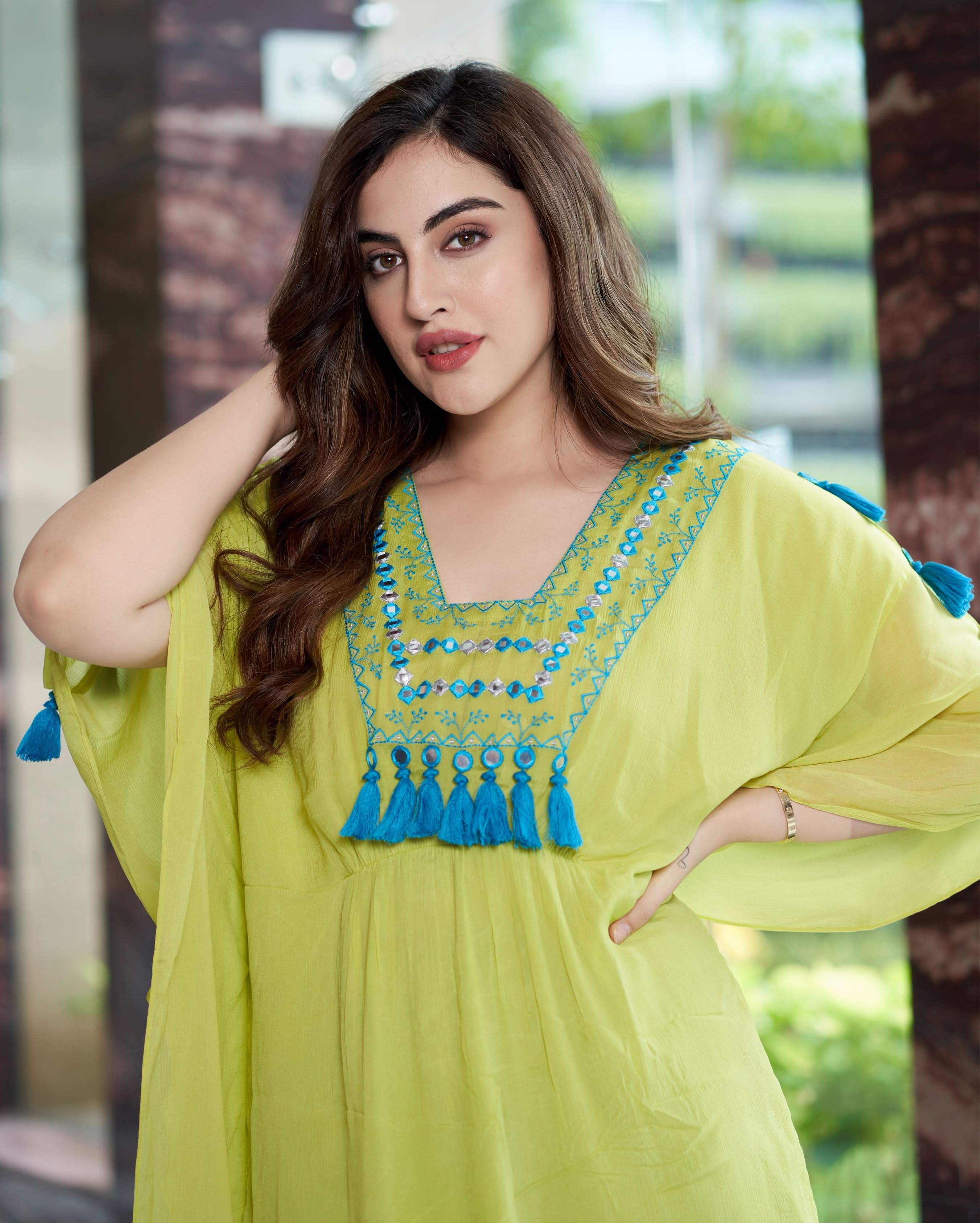 Meera Neon Green Embroidered Chinon Kaftan - Image 4