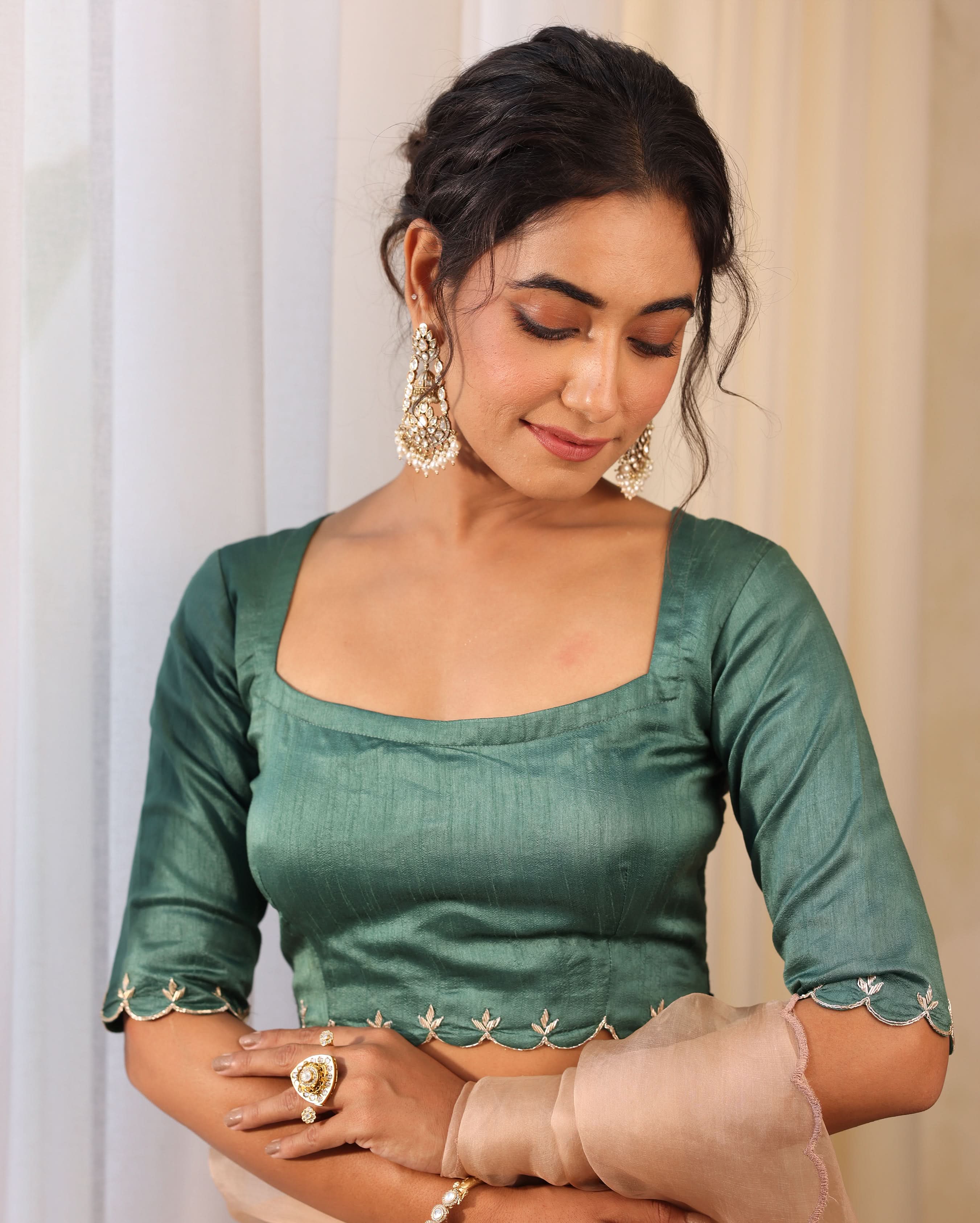 Meghna Green Silk Embroidered Blouse - Image 3