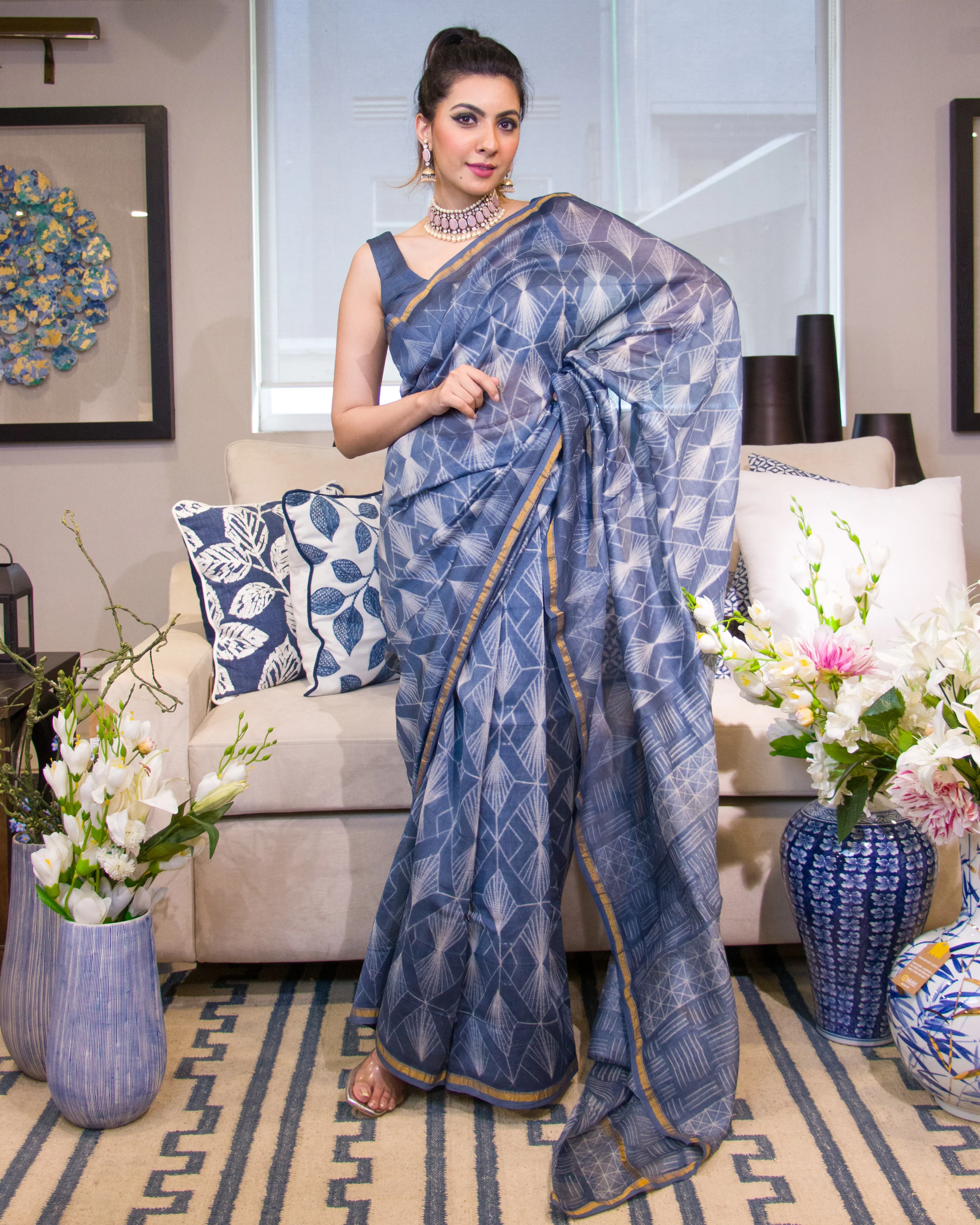 Mehar Shibori Handblock Chanderi Silk Saree - Image 2