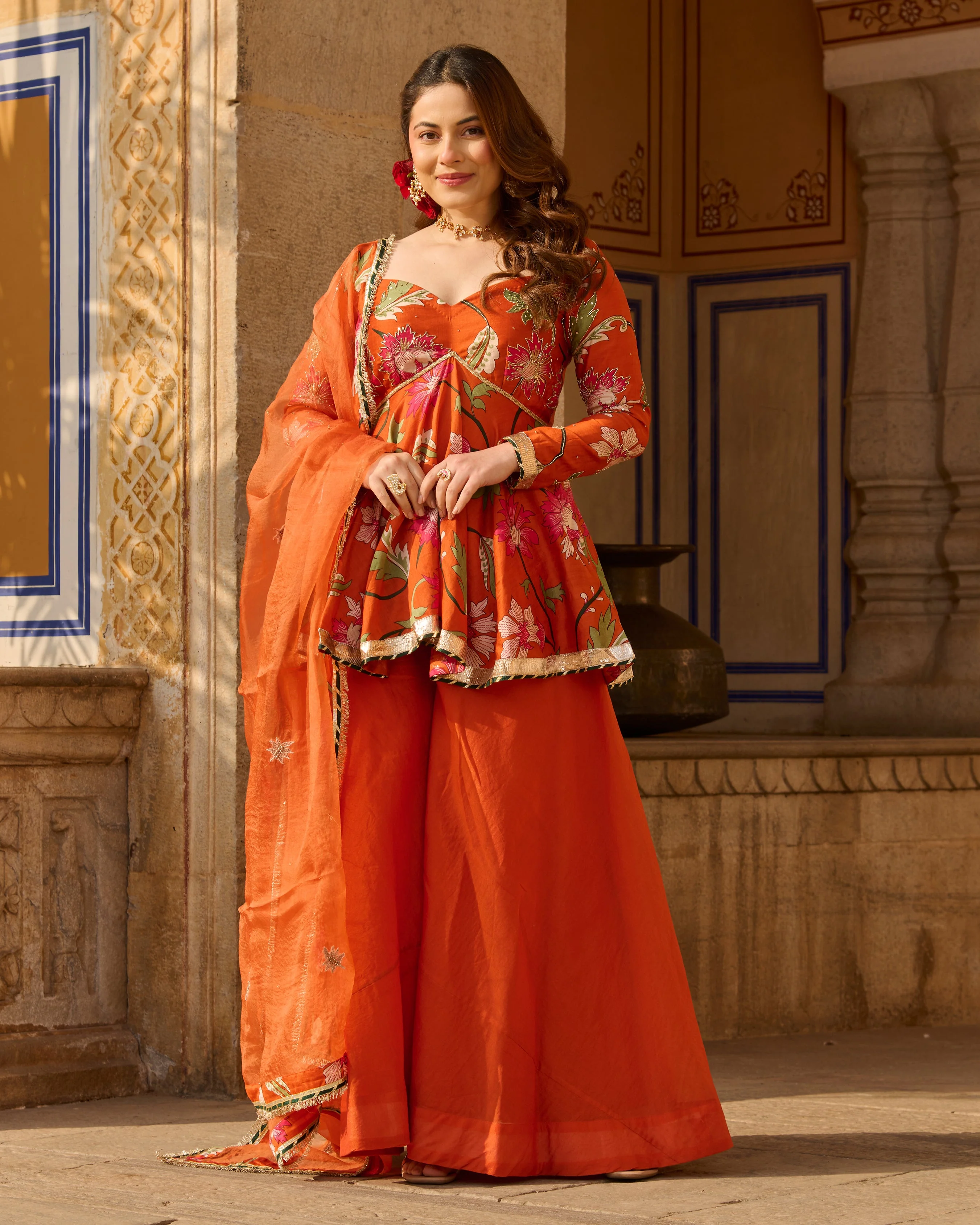 Mehar Orange Printed Chanderi Suit Set - Image 2