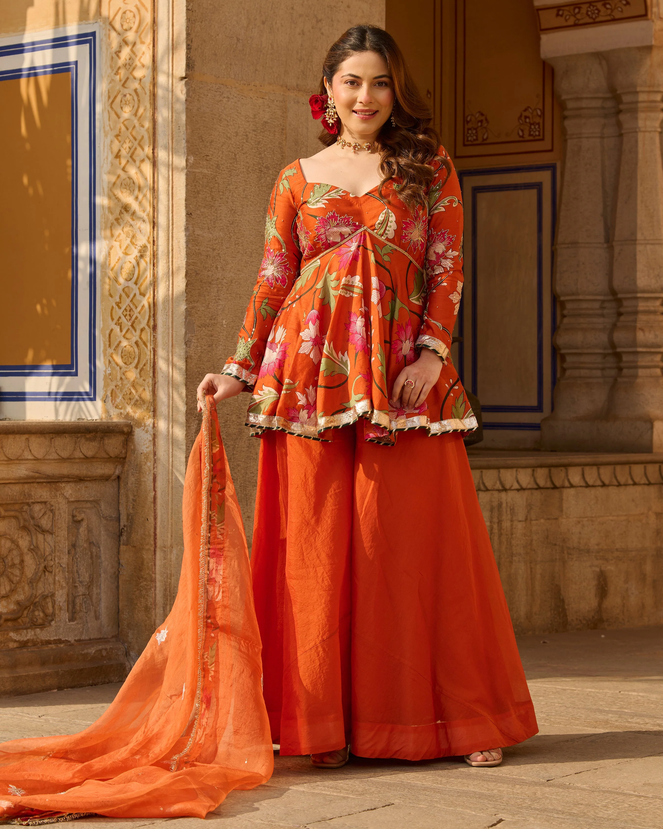 Mehar Orange Printed Chanderi Suit Set - Image 3