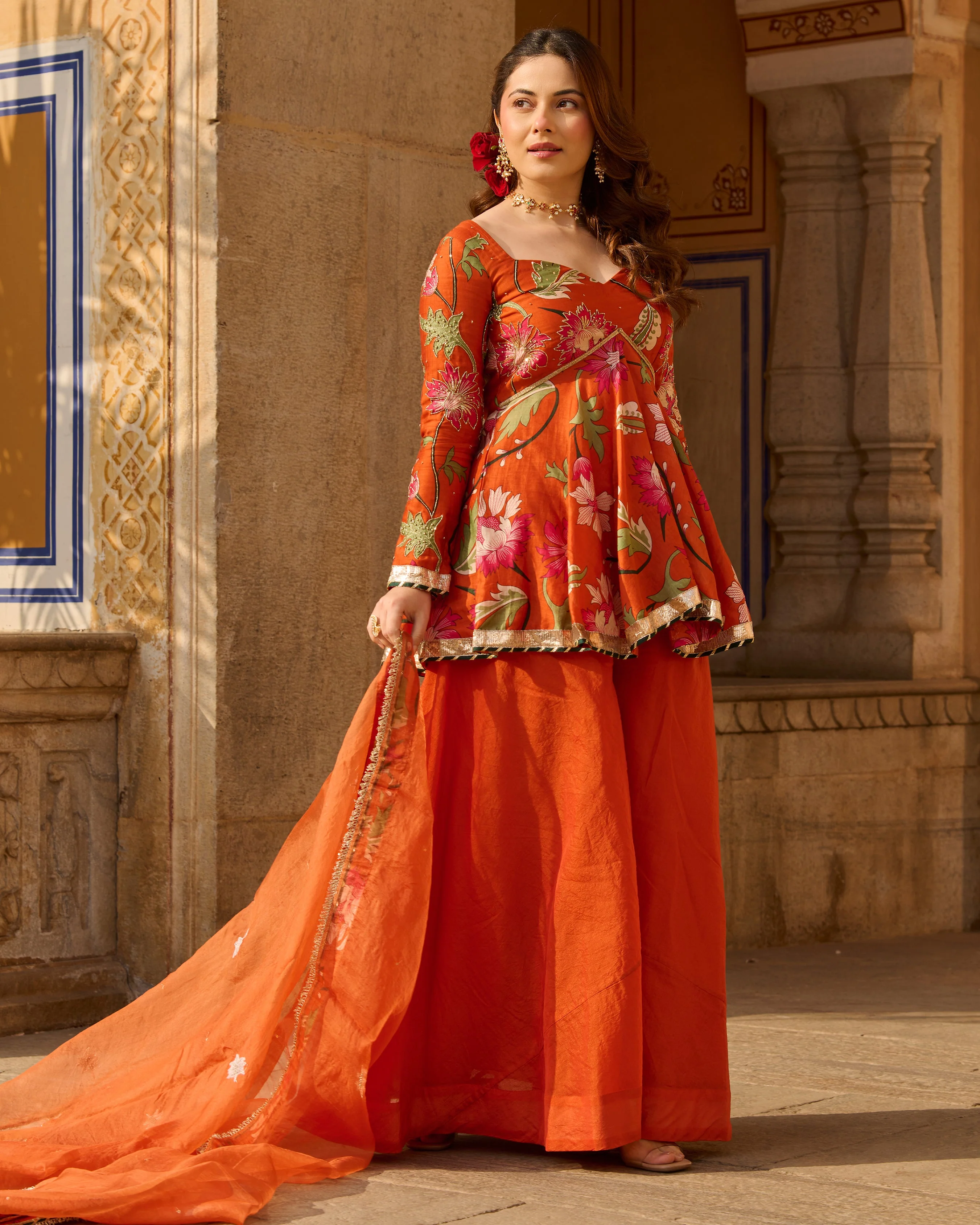 Mehar Orange Printed Chanderi Suit Set - Image 4