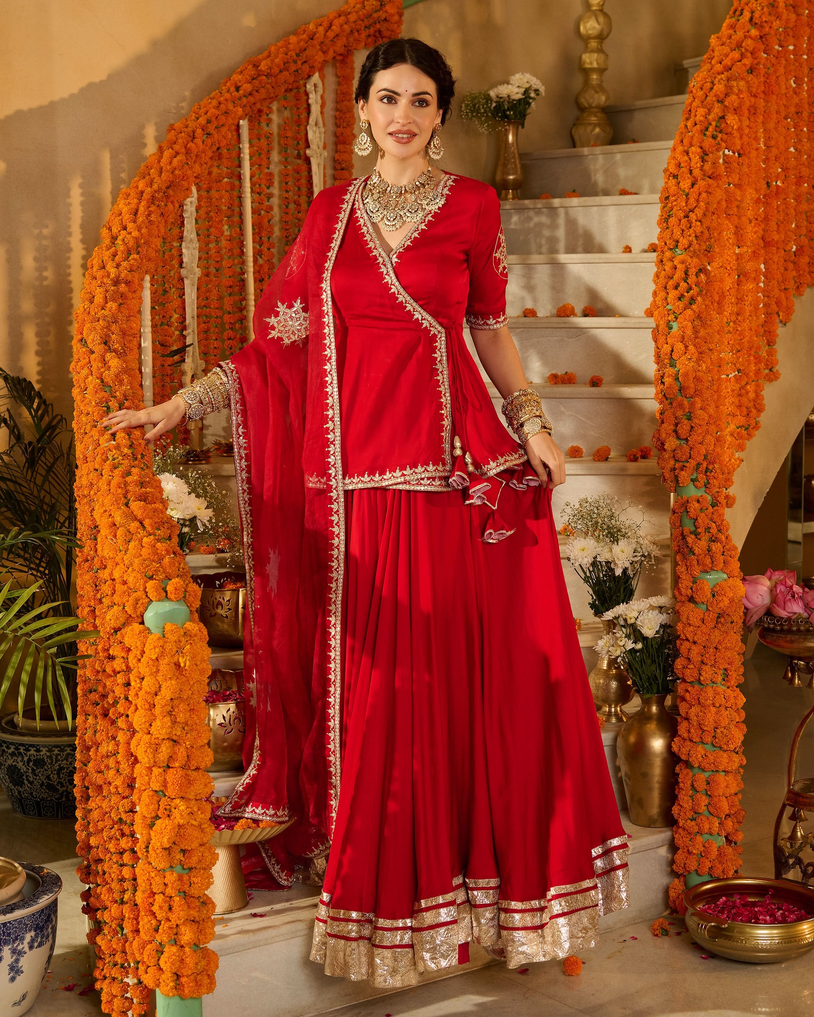 Mehka Red Solid Satin Lehenga Set - Image 3