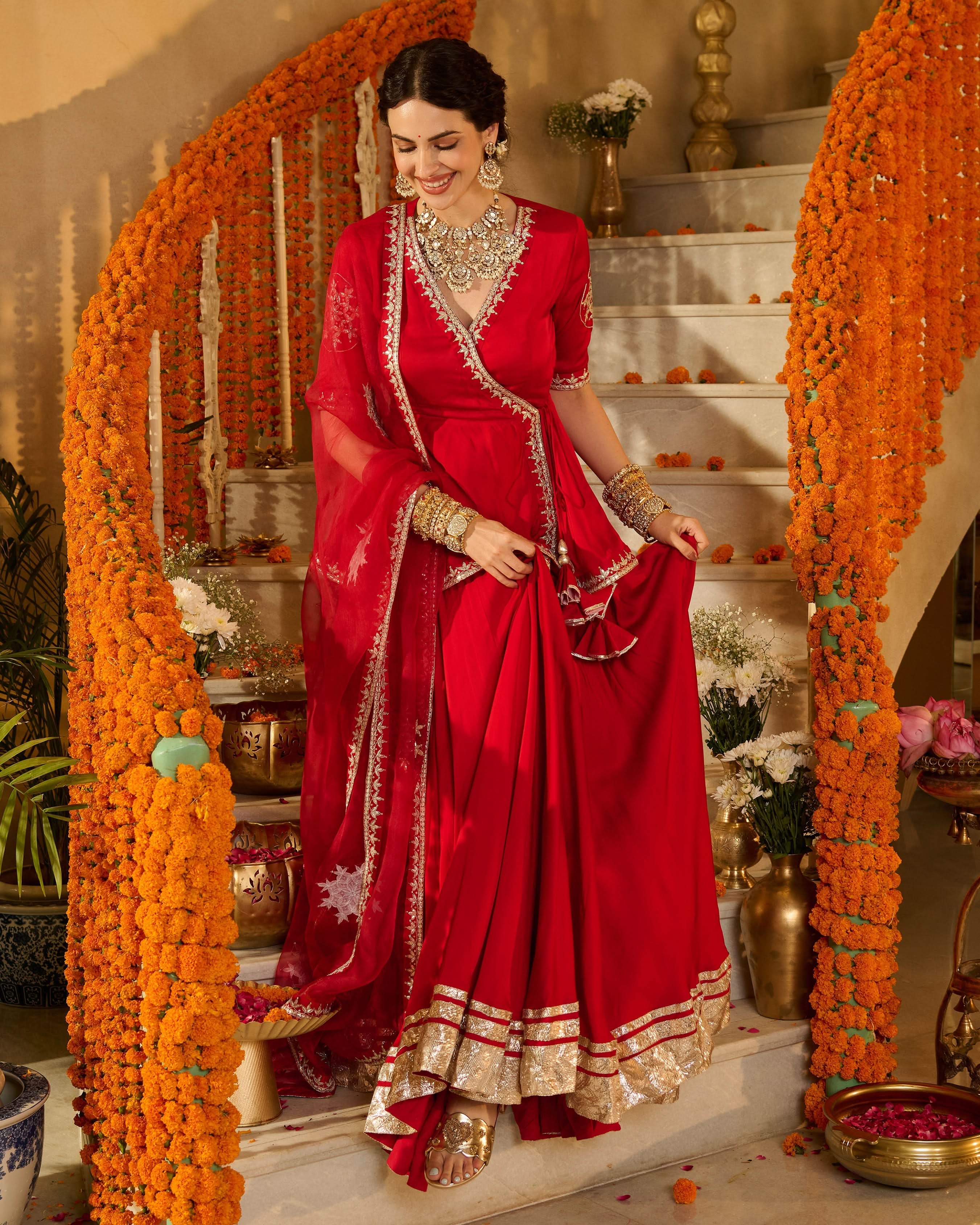 Mehka Red Solid Satin Lehenga Set - Image 4
