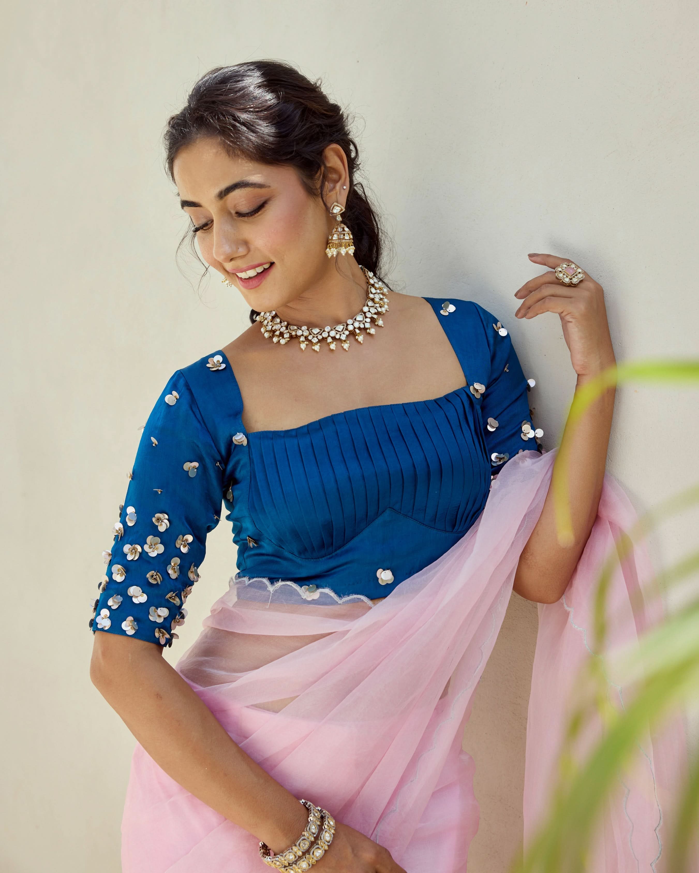 Midnight Blue Satin Embroidered Blouse - Image 3