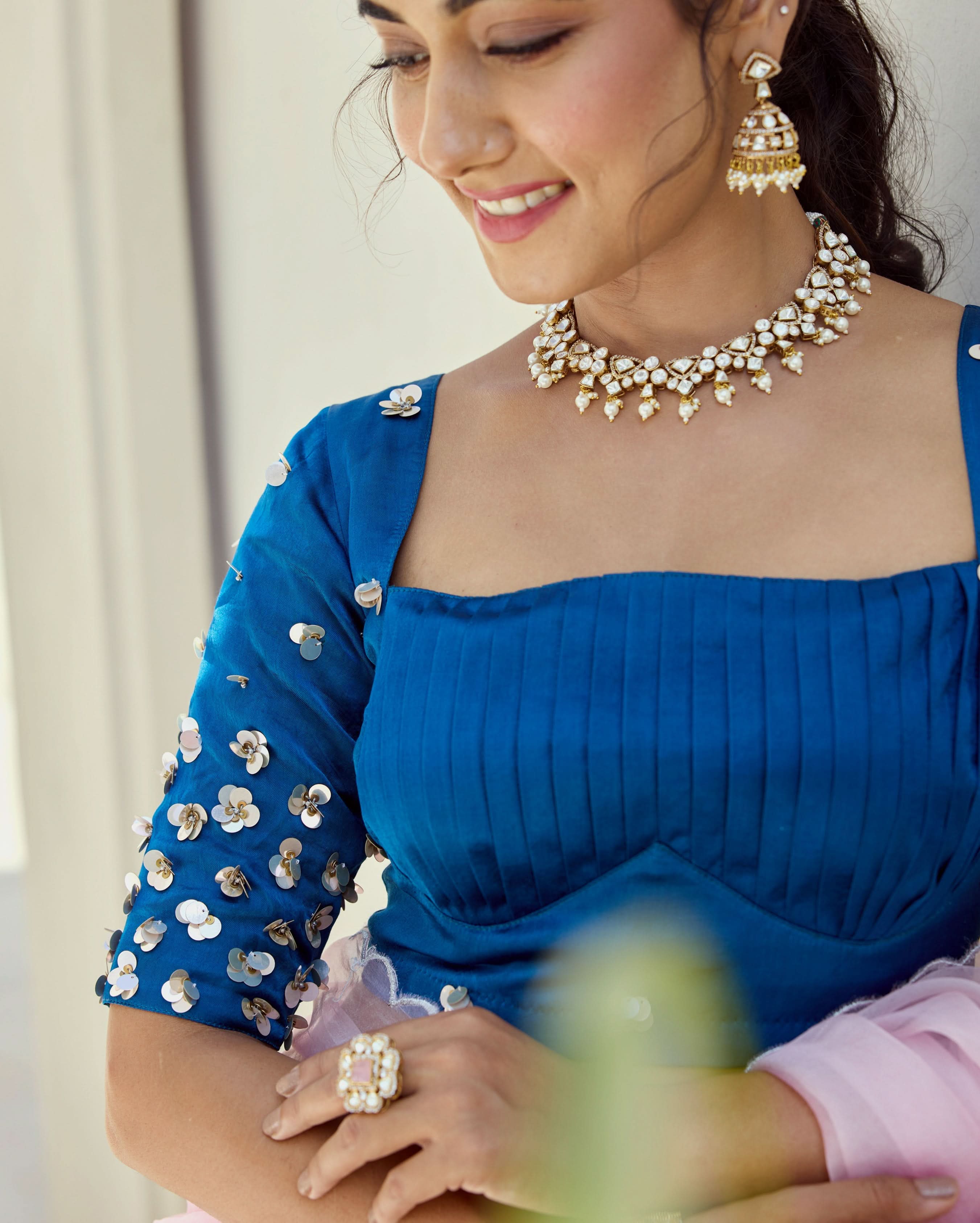 Midnight Blue Satin Embroidered Blouse - Image 5