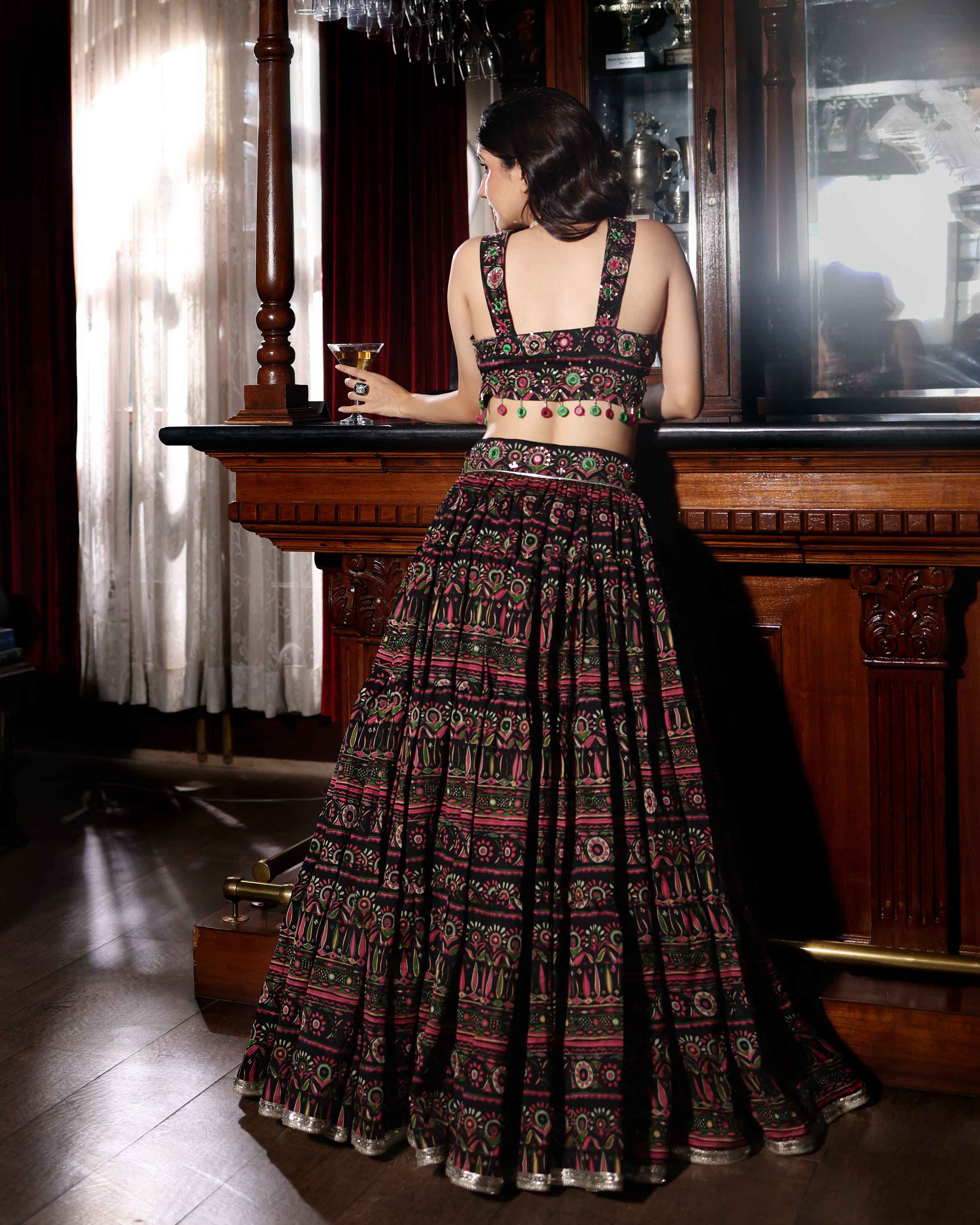 Mighty Black Mirror Work Printed Chanderi Lehenga Set - Image 3