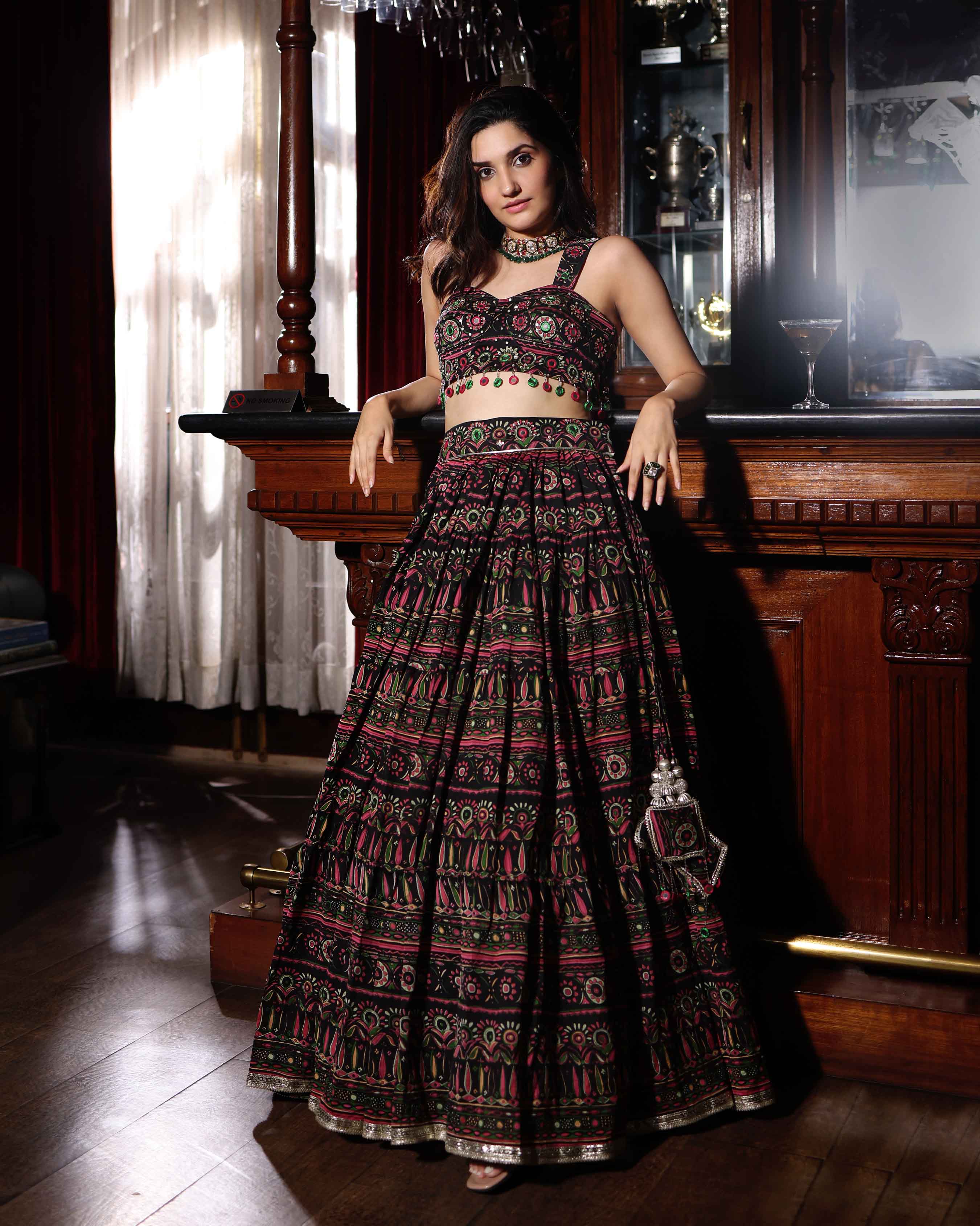 Mighty Black Mirror Work Printed Chanderi Lehenga Set - Image 4