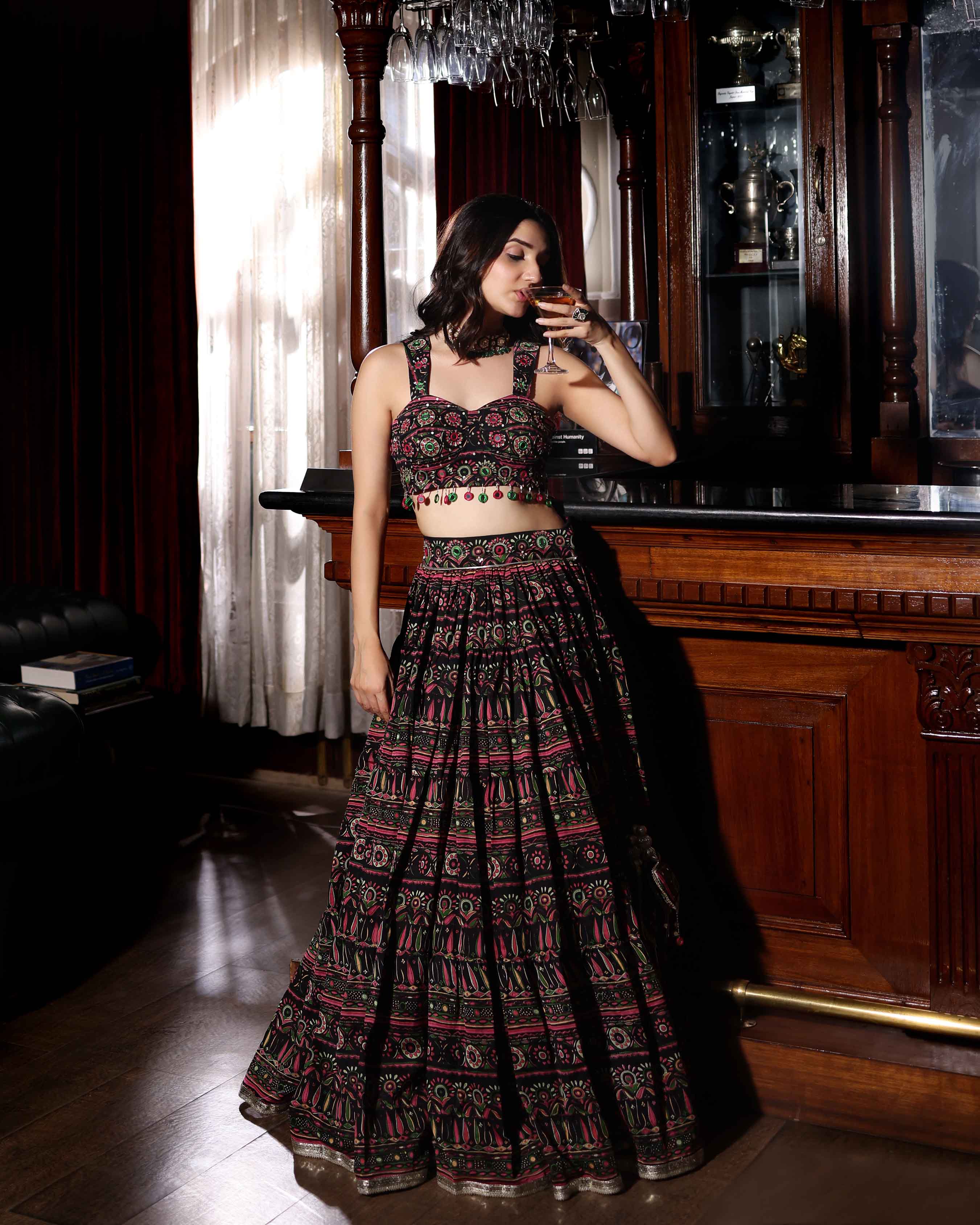 Mighty Black Mirror Work Printed Chanderi Lehenga Set - Image 5