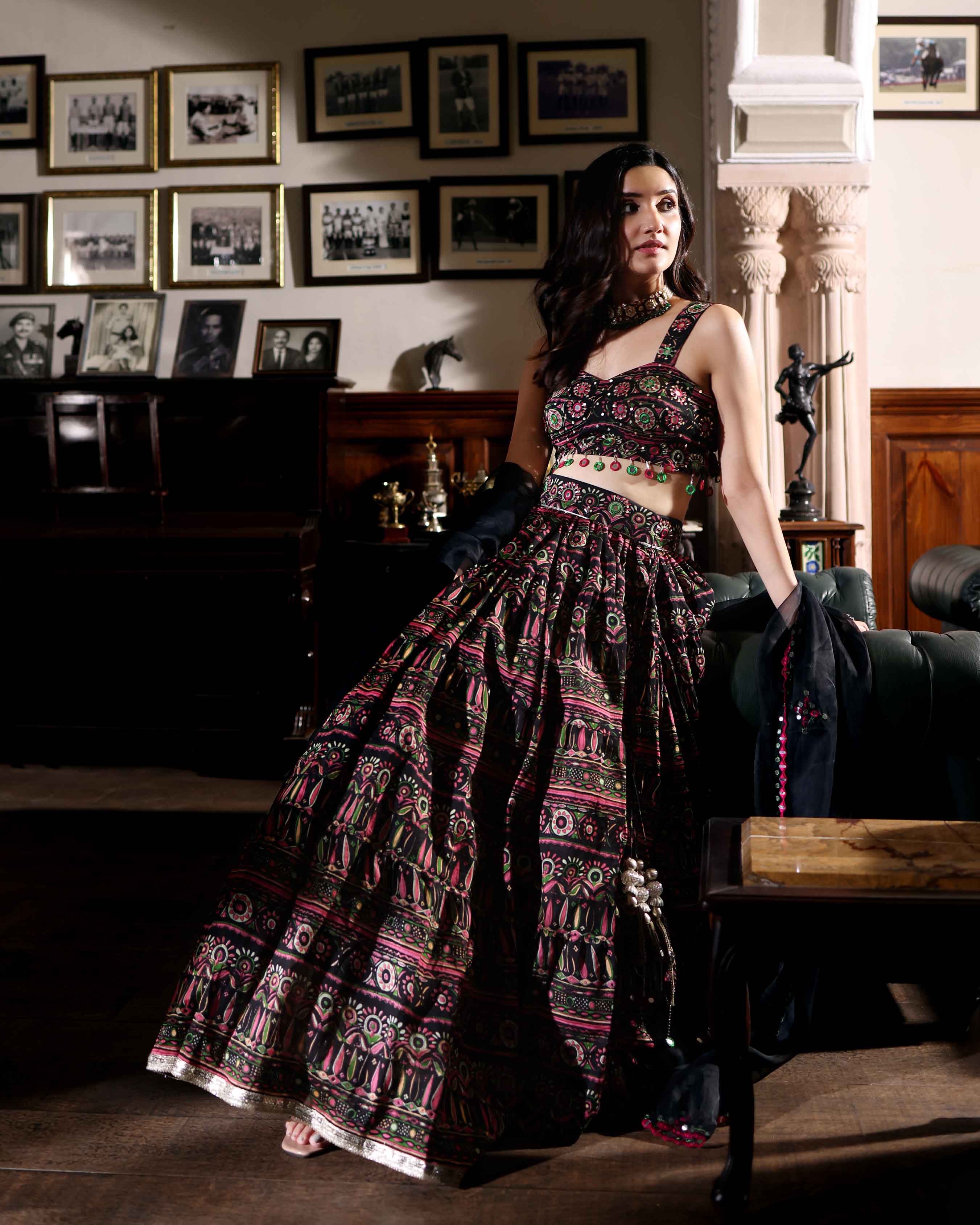 Mighty Black Mirror Work Printed Chanderi Lehenga Set - Image 7