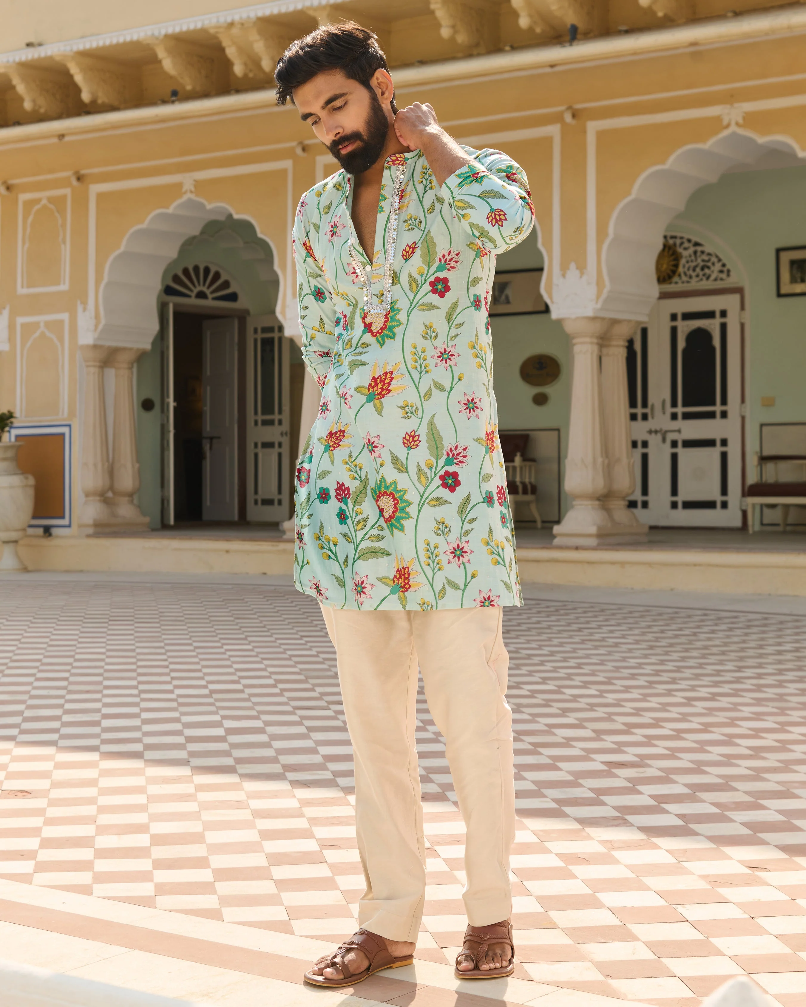 Mihir Blue Printed Chanderi Kurta - Image 3