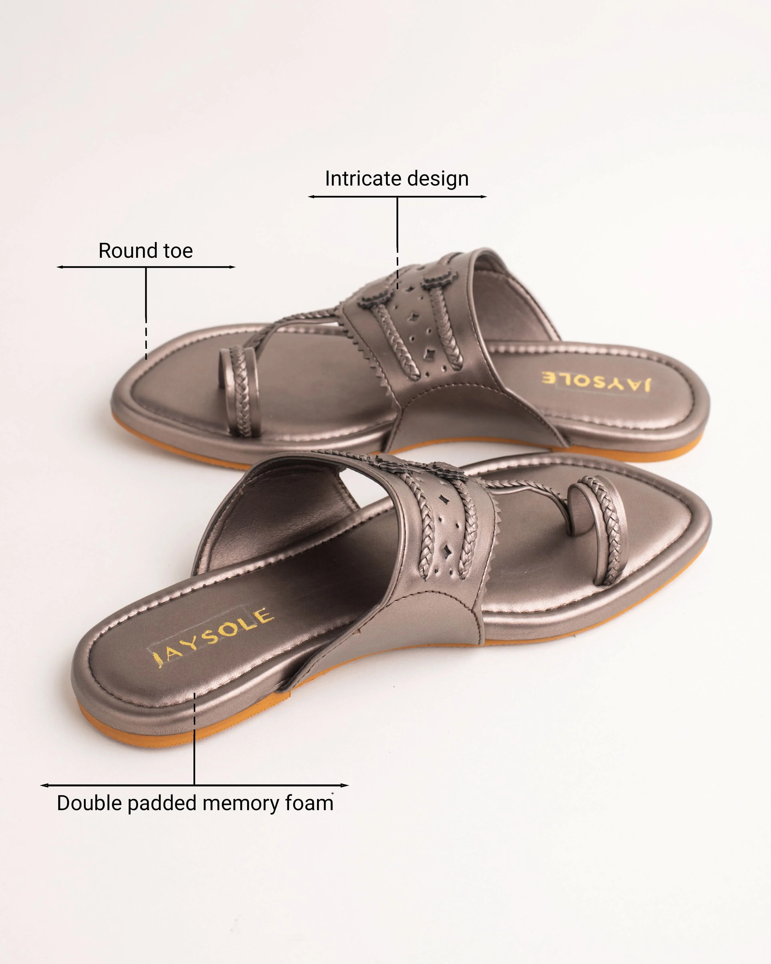 Milan Gunmetal Solid Kolha Flats - Image 2