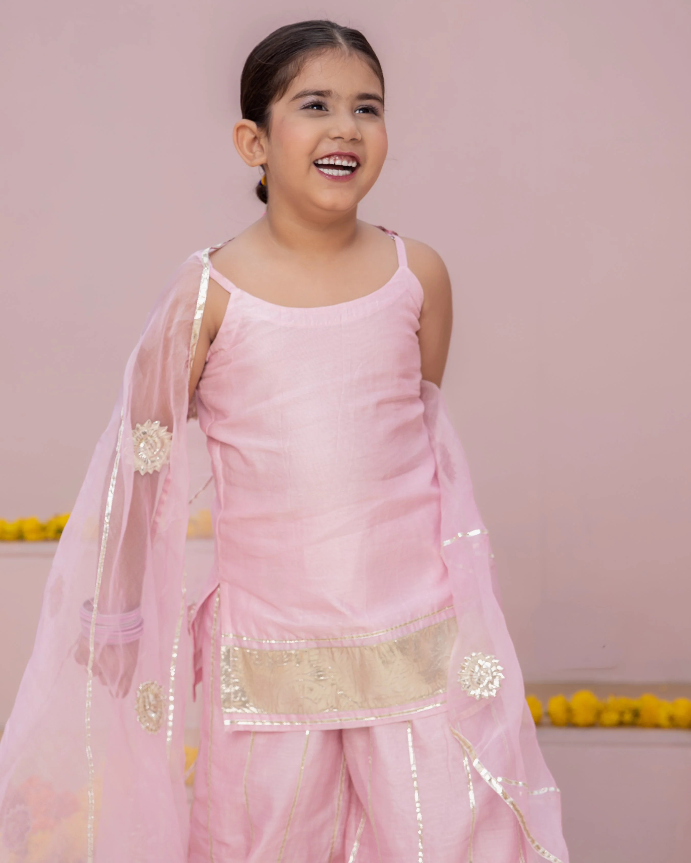 Mini Pink Solid Chanderi Suit Set - Image 5