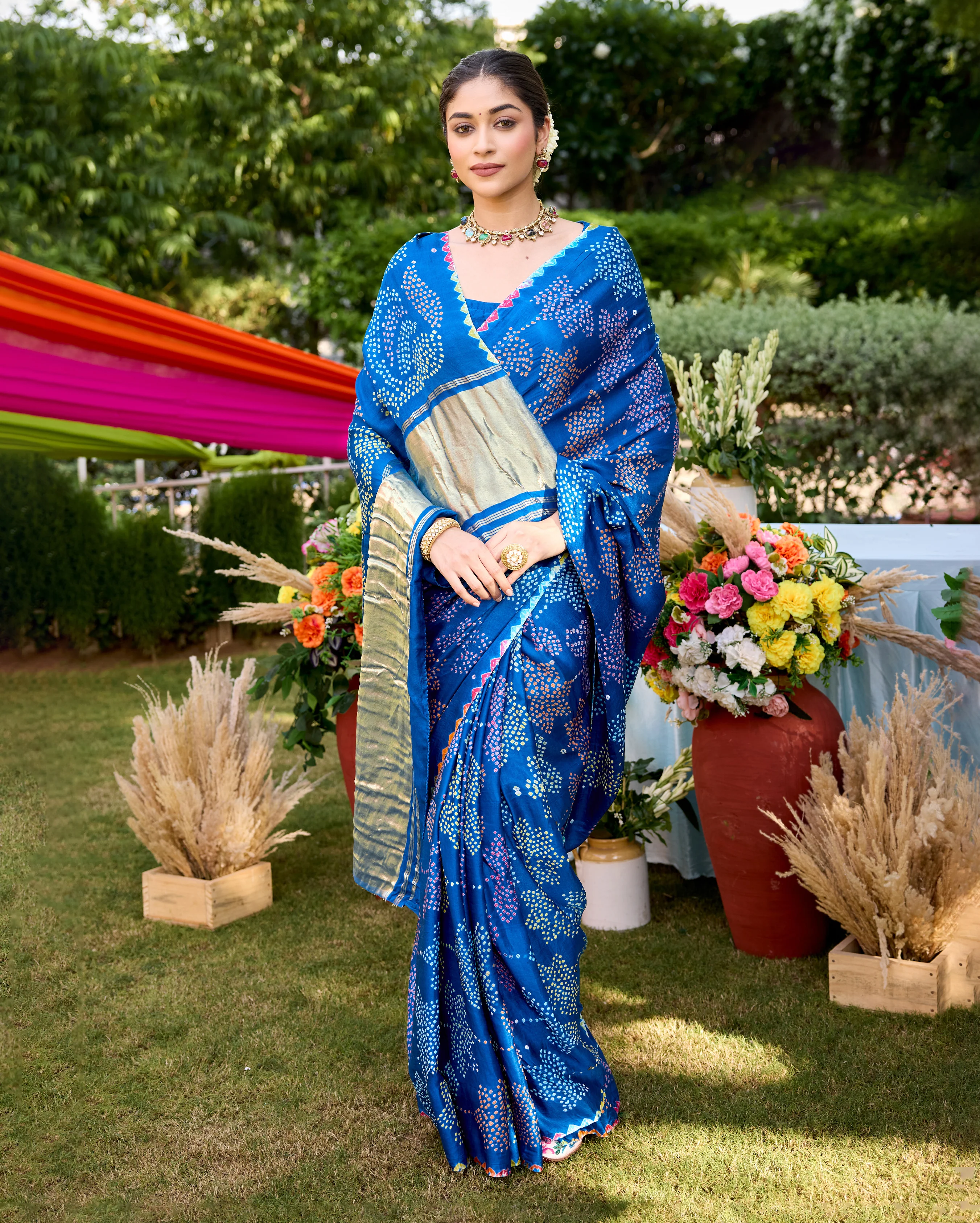 Mohini Blue Gajji Silk Bandhej Saree - Image 2