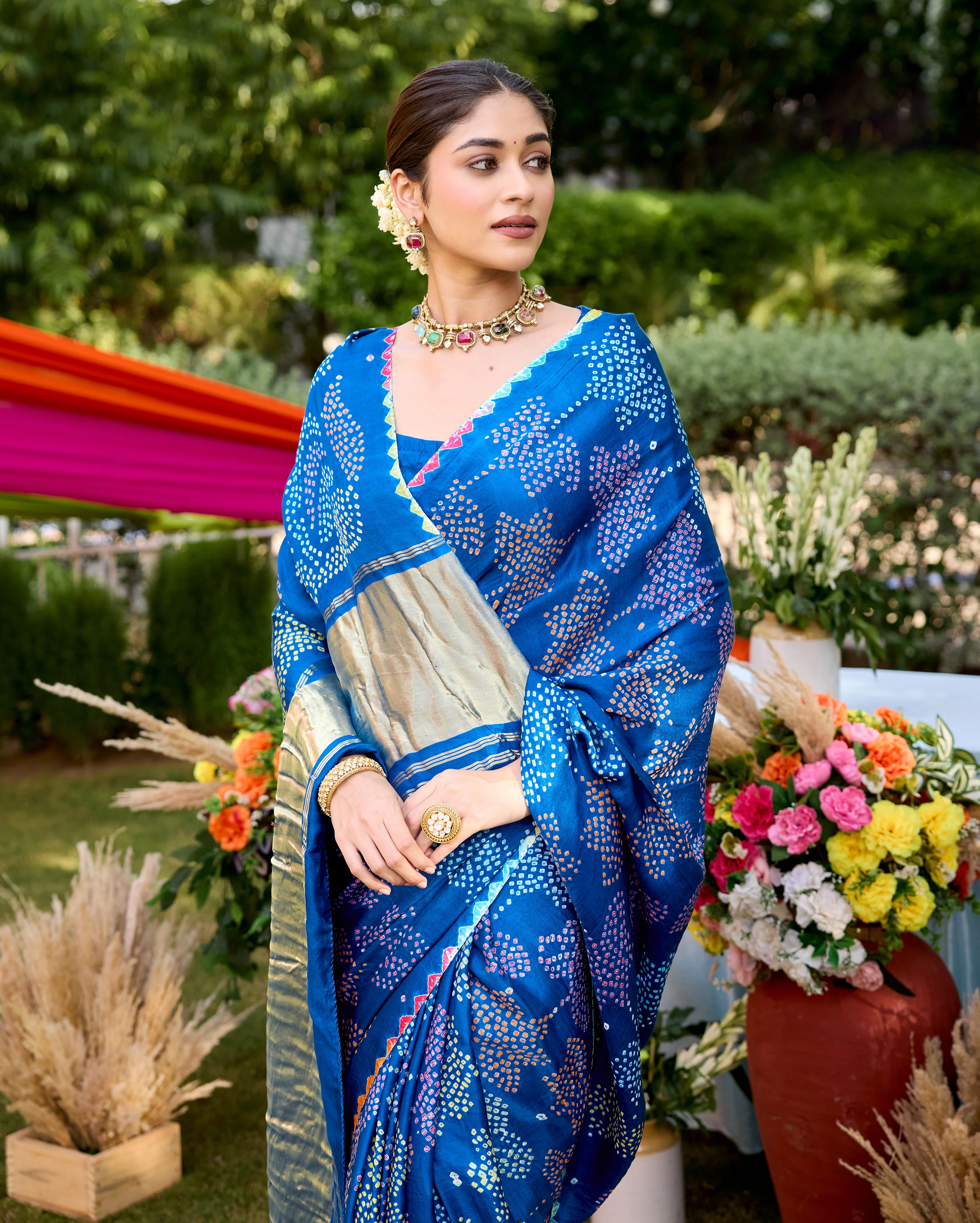 Mohini Blue Gajji Silk Bandhej Saree - Image 4
