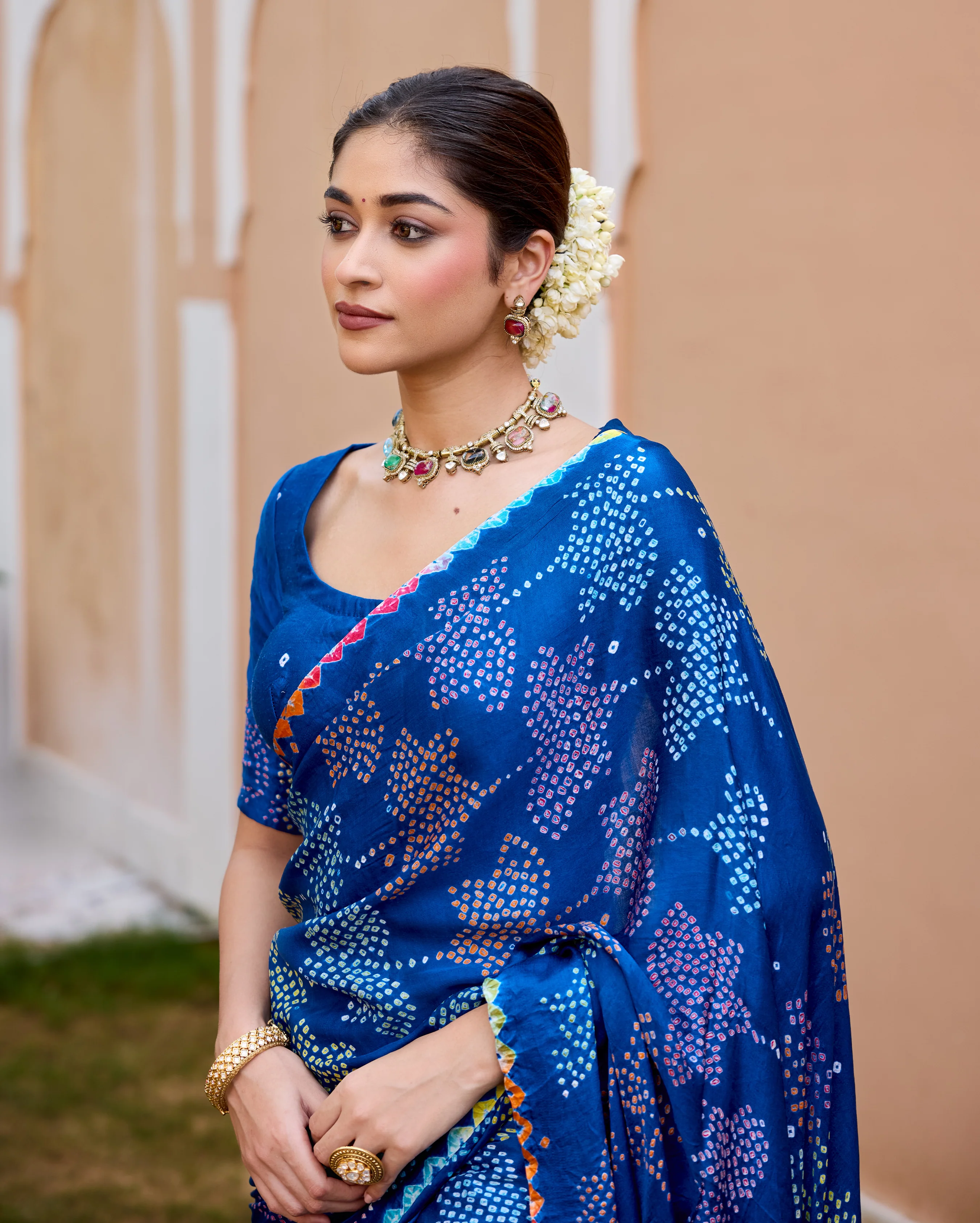 Mohini Blue Gajji Silk Bandhej Saree - Image 6