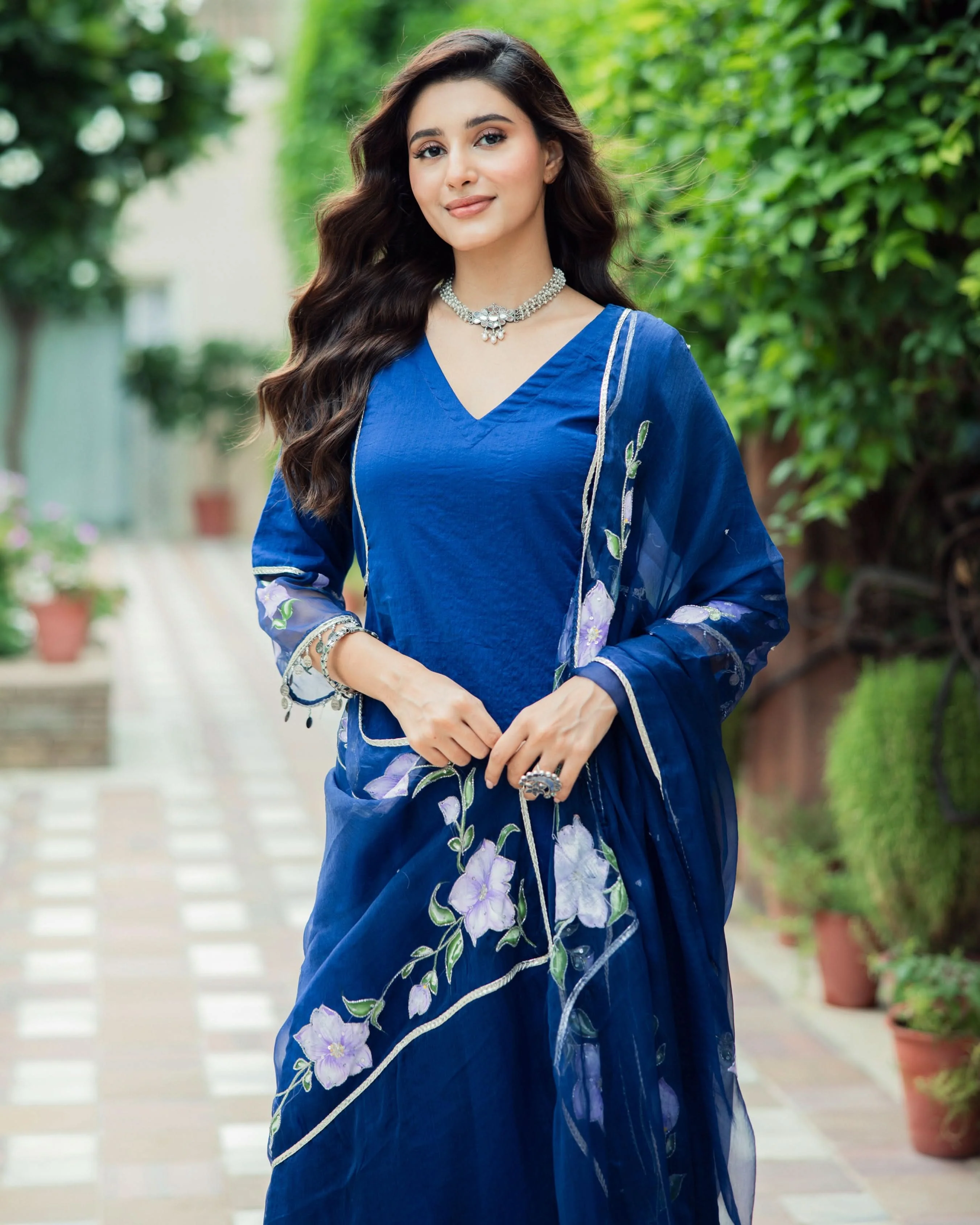 Molshree Blue Handpainted Chanderi Suit Set - Image 5