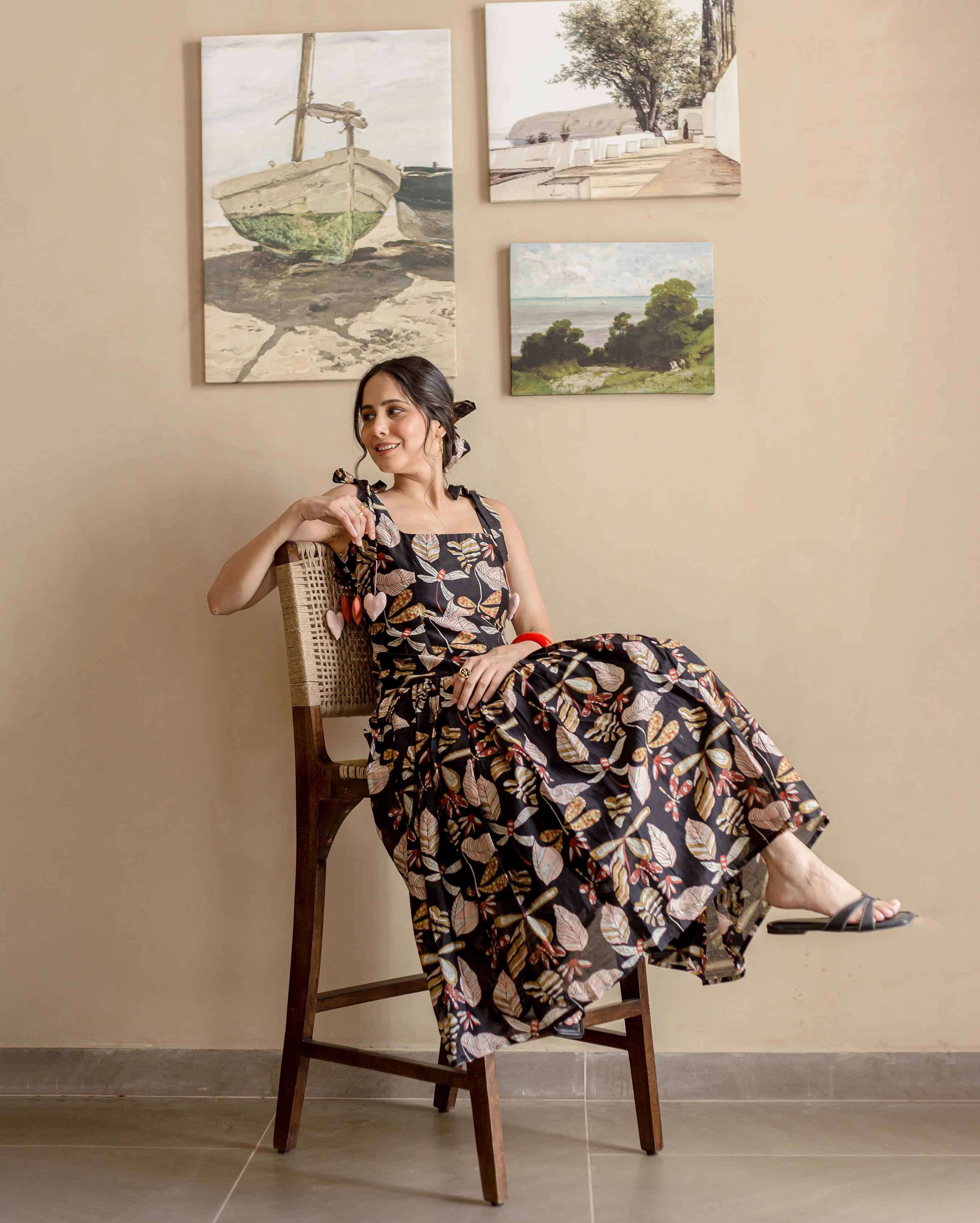 Moonlight Charm Black Cotton Printed Dress - Image 3