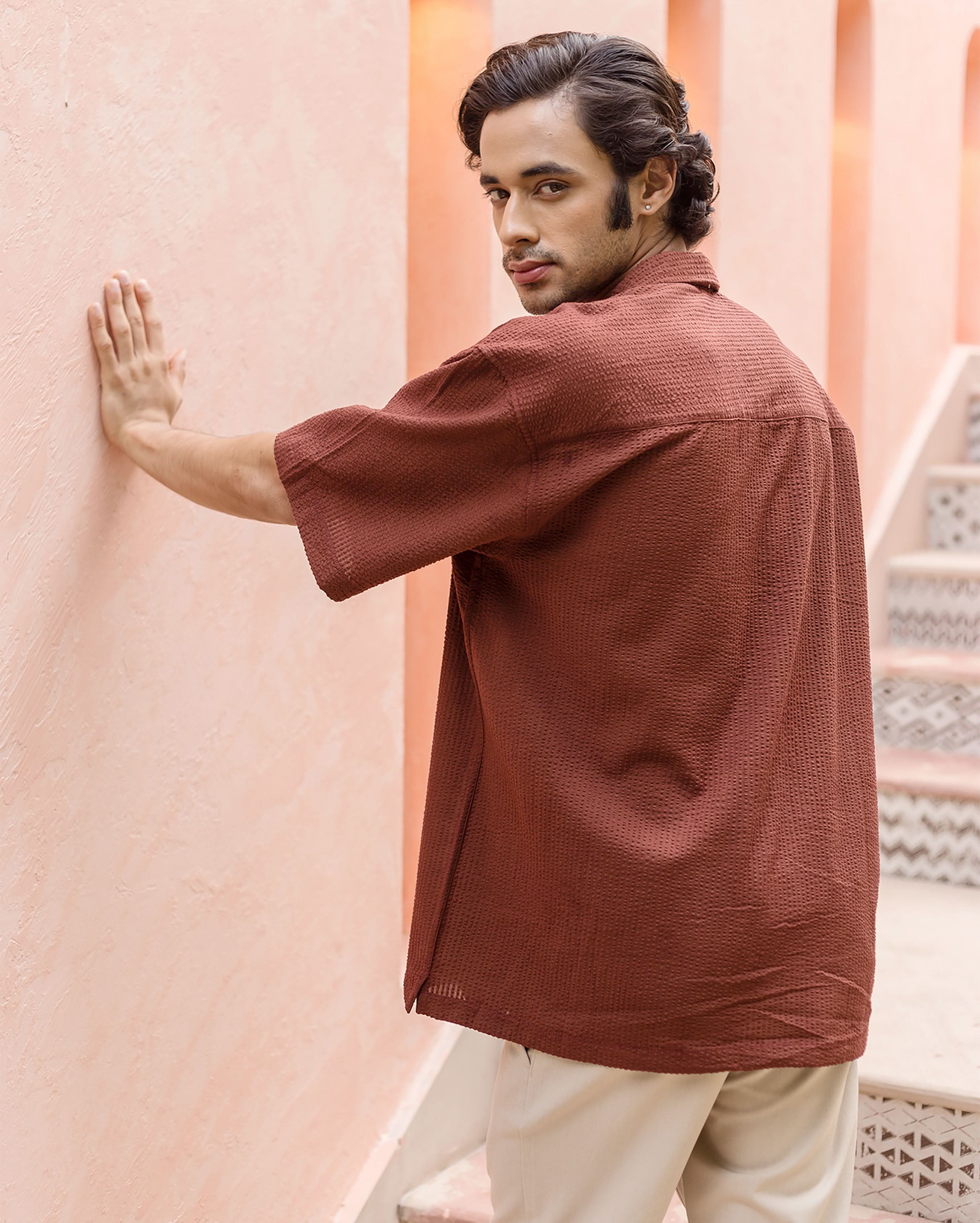 Morgan Brown Dobby Stripes Solid Shirt - Image 5