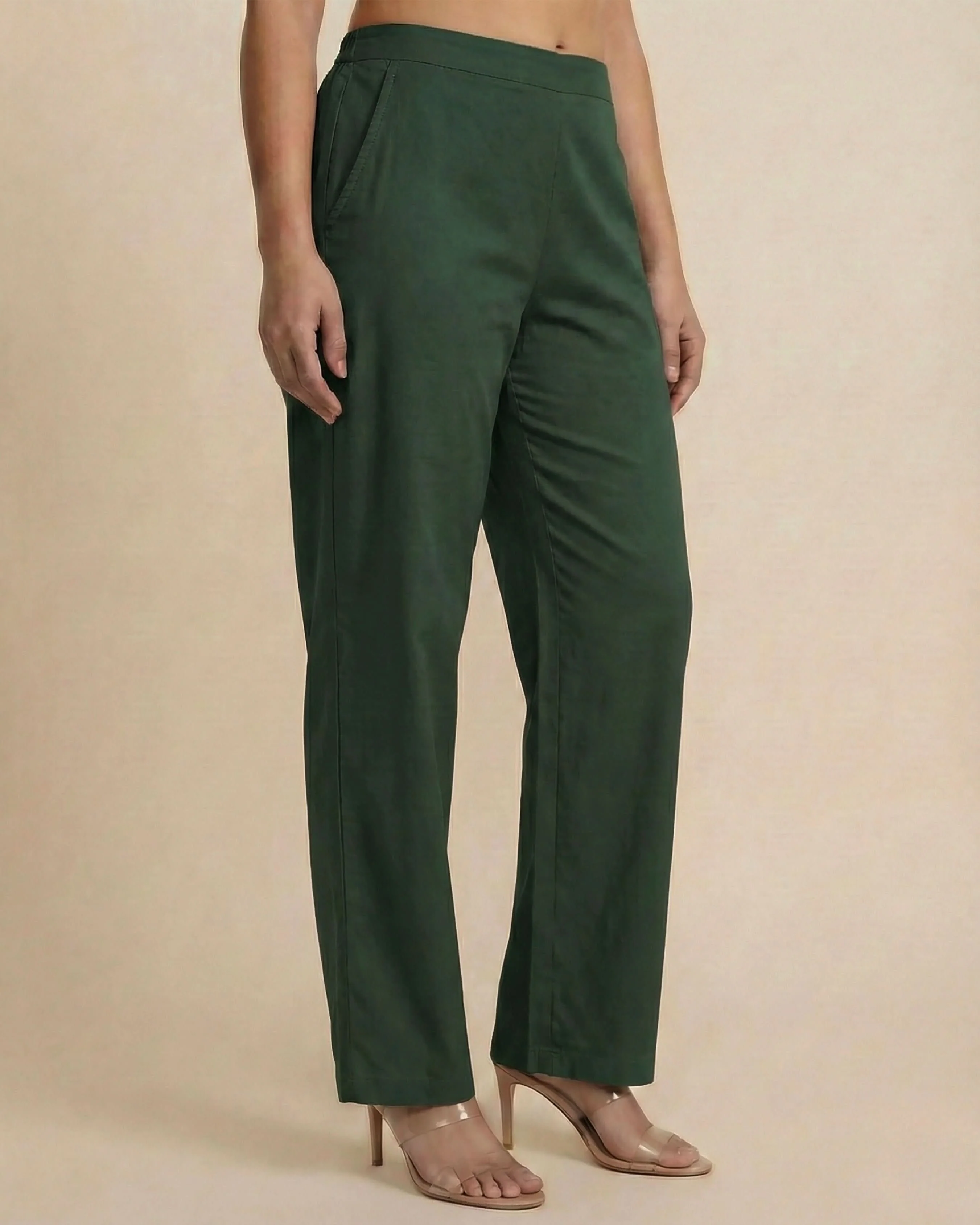 Mridul Dark Green Cotton Straight Pants