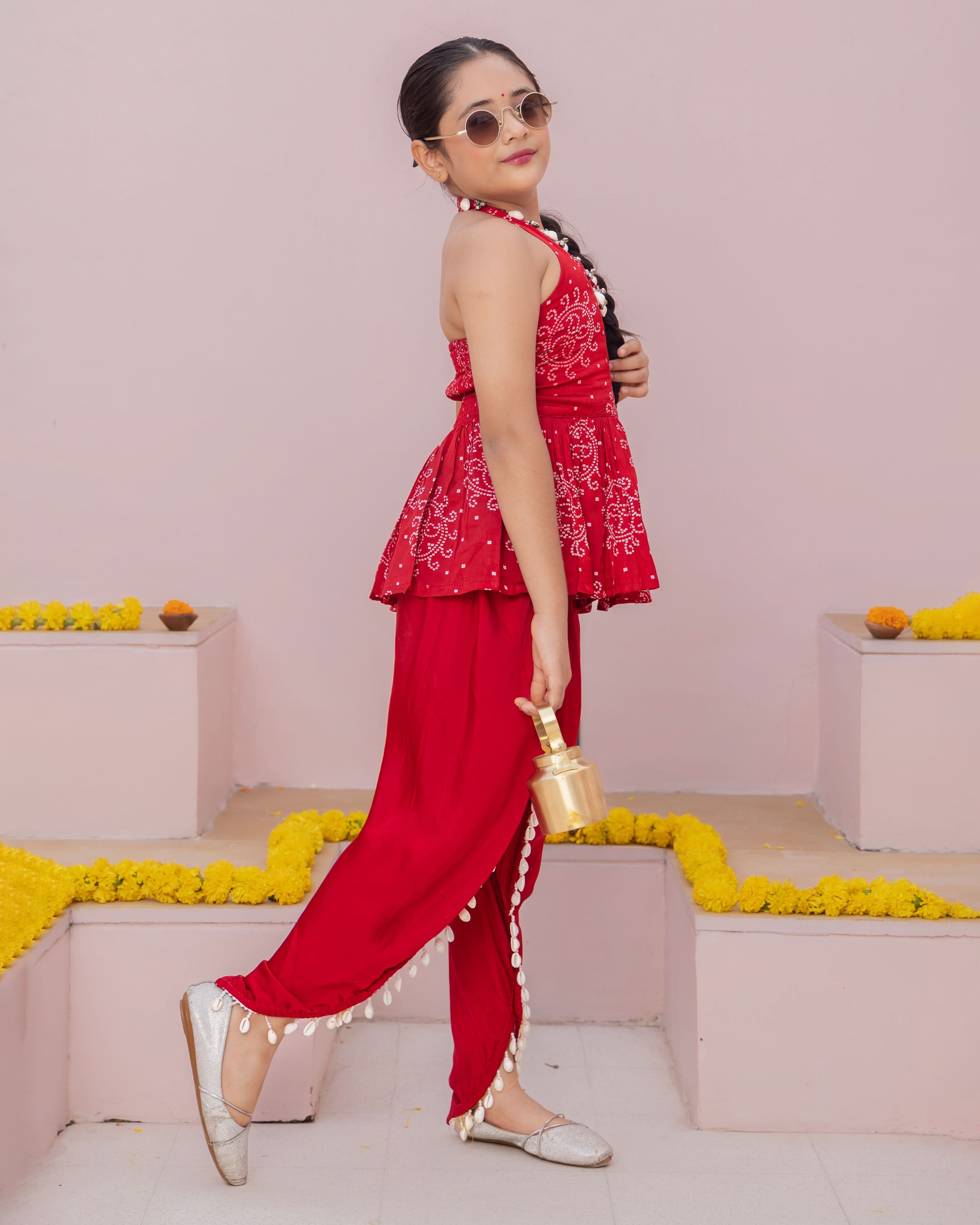 Mrunal Red Bandhani Satin Coord Set - Image 6