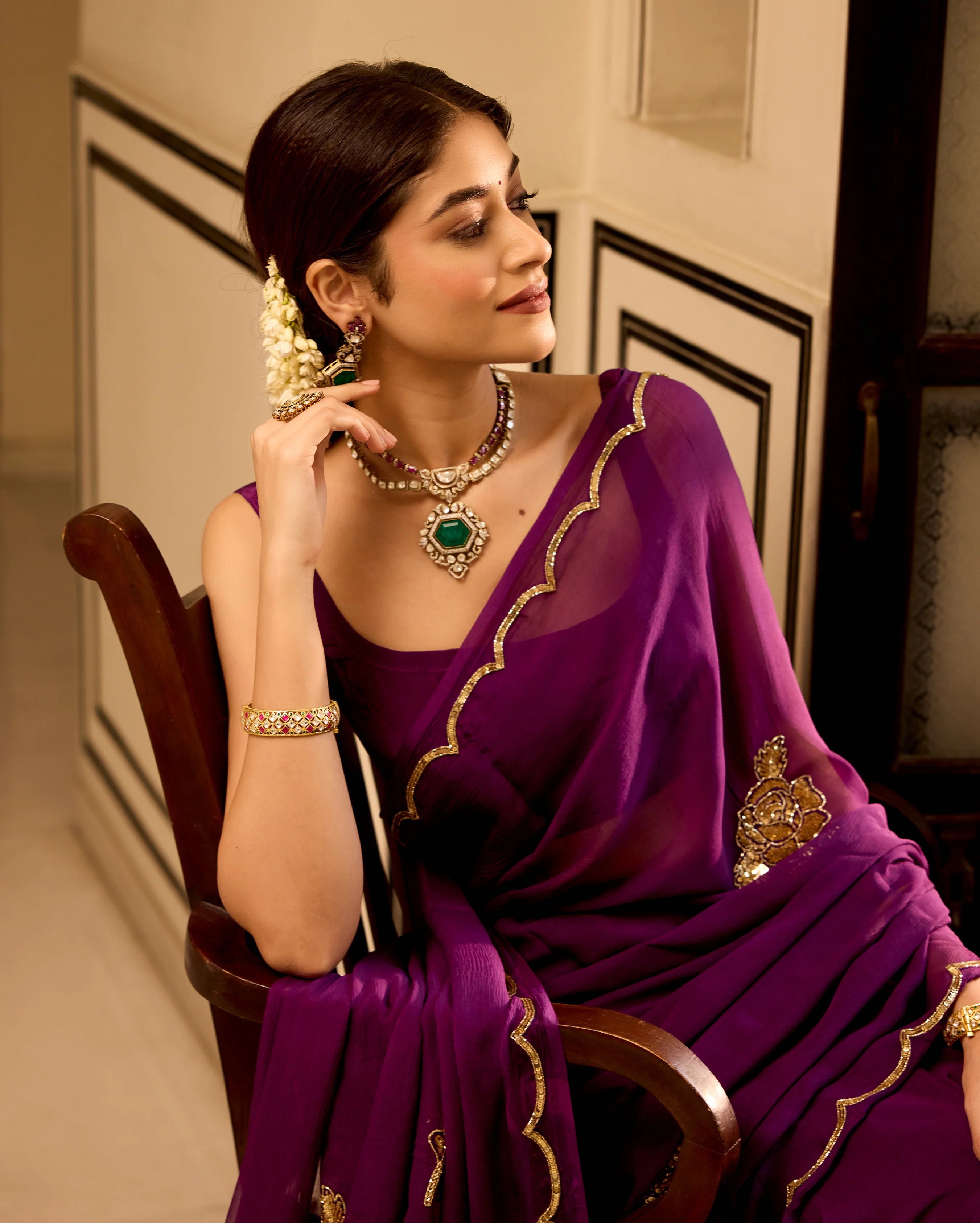Mudita Purple Handcrafted Chiffon Saree - Image 6
