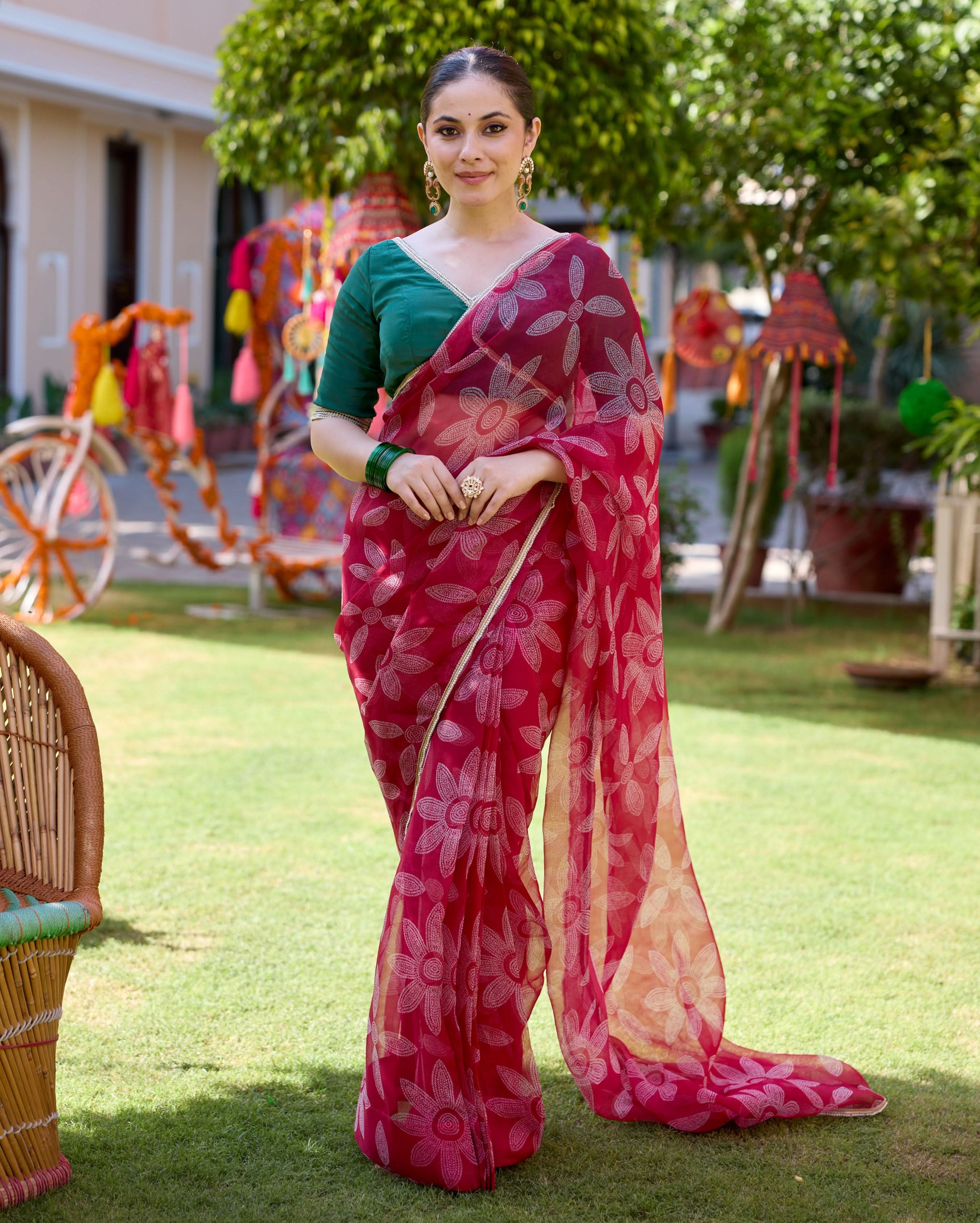 Mugdha Pink Bandhani Organza Saree - Image 2