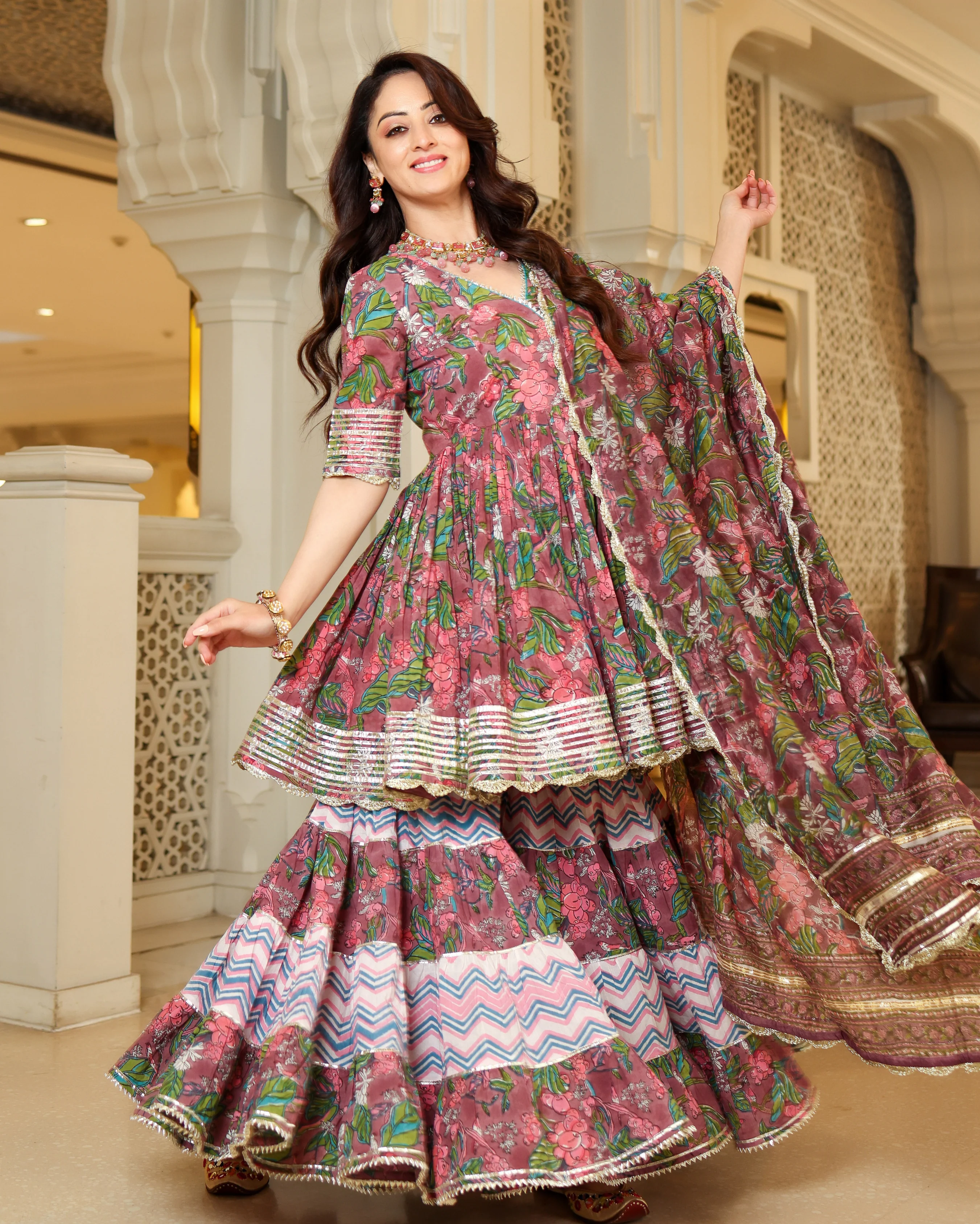 Multi Rose Handblock Sharara Set - Image 2