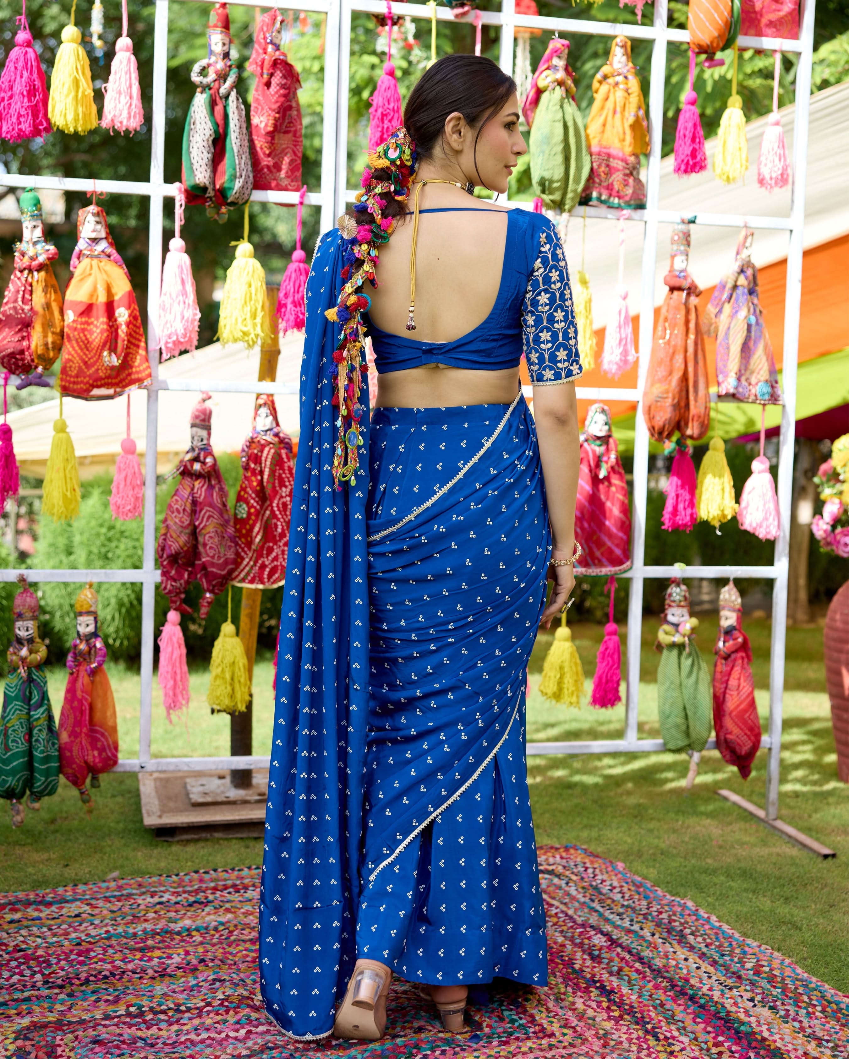 Mulya Blue Bandhani Crepe Saree - Image 4