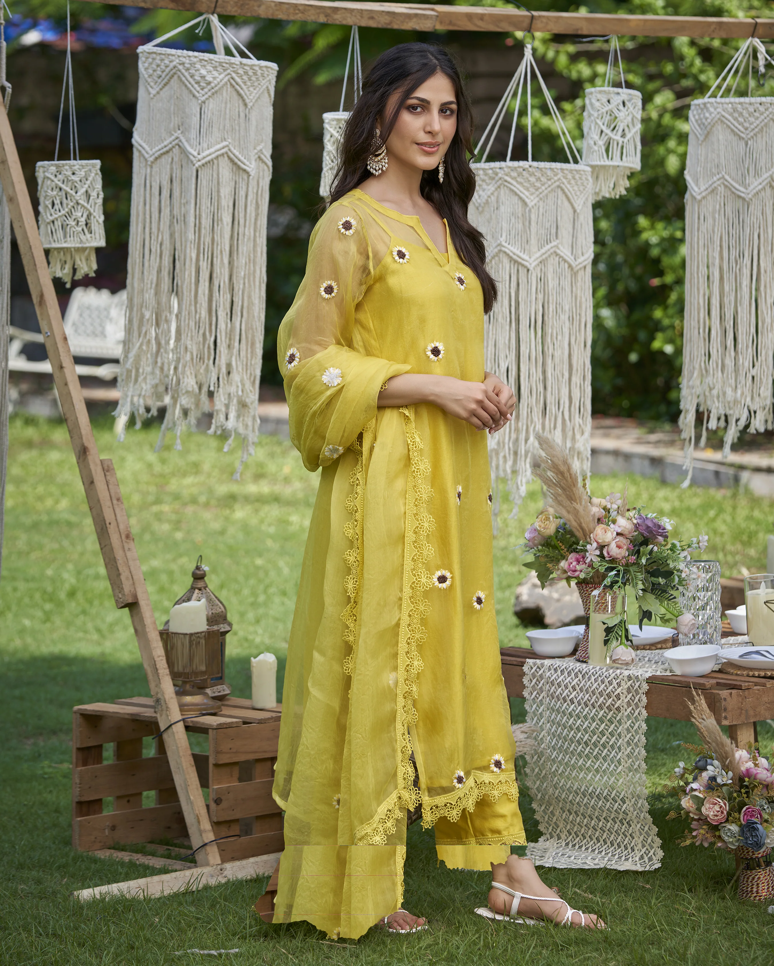 Murat Yellow Embroidered Organza Kurta Set - Image 4