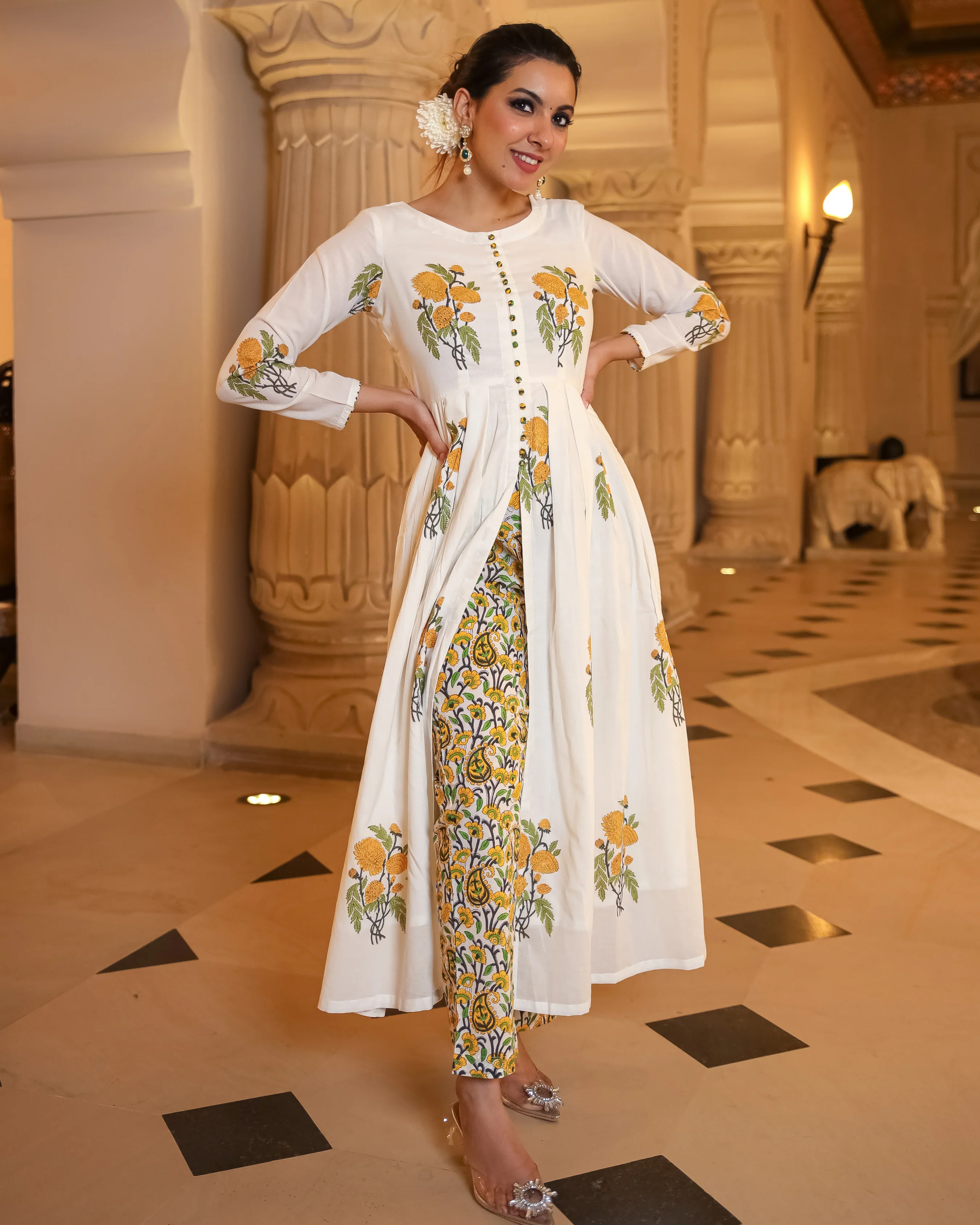 Musky White Handblock Kurta Set - Image 4