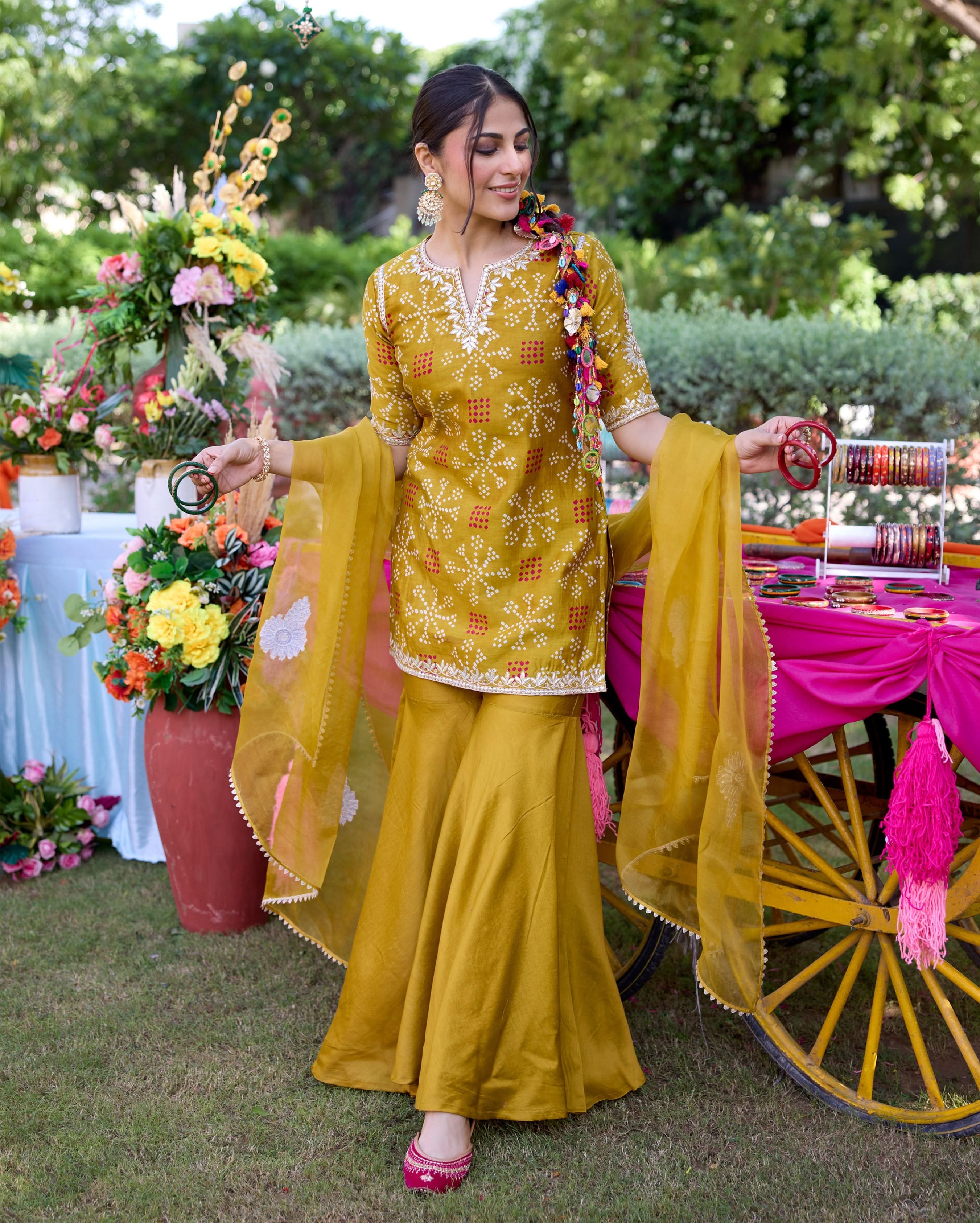 Naqsh Mustard Bandhani Chanderi Sharara Set - Image 2
