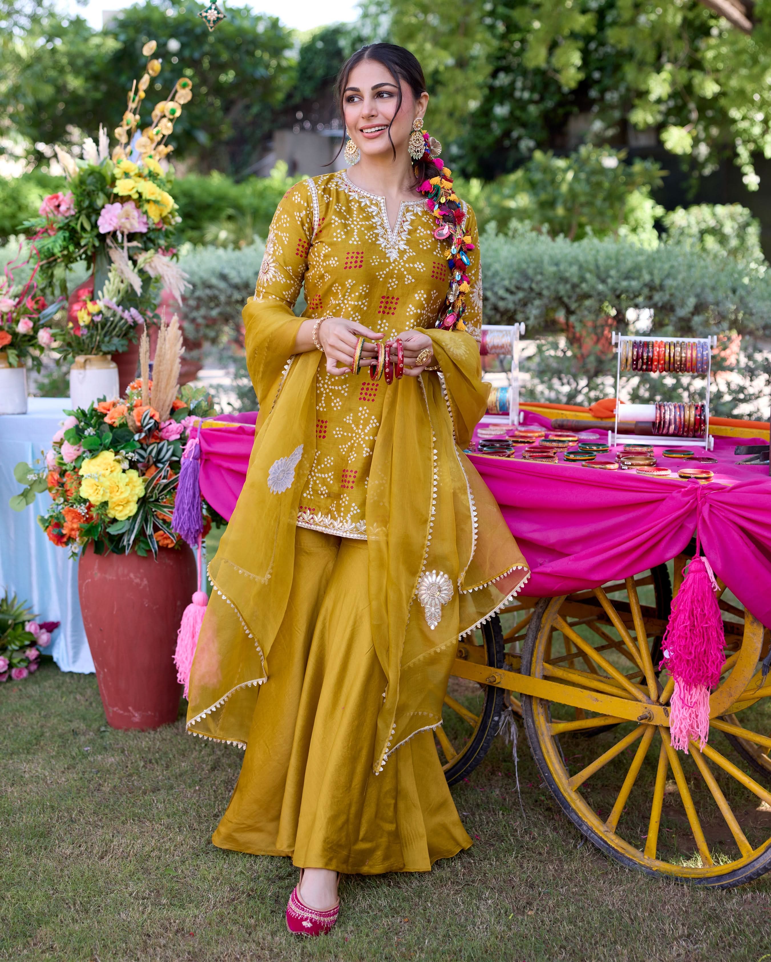 Naqsh Mustard Bandhani Chanderi Sharara Set - Image 4
