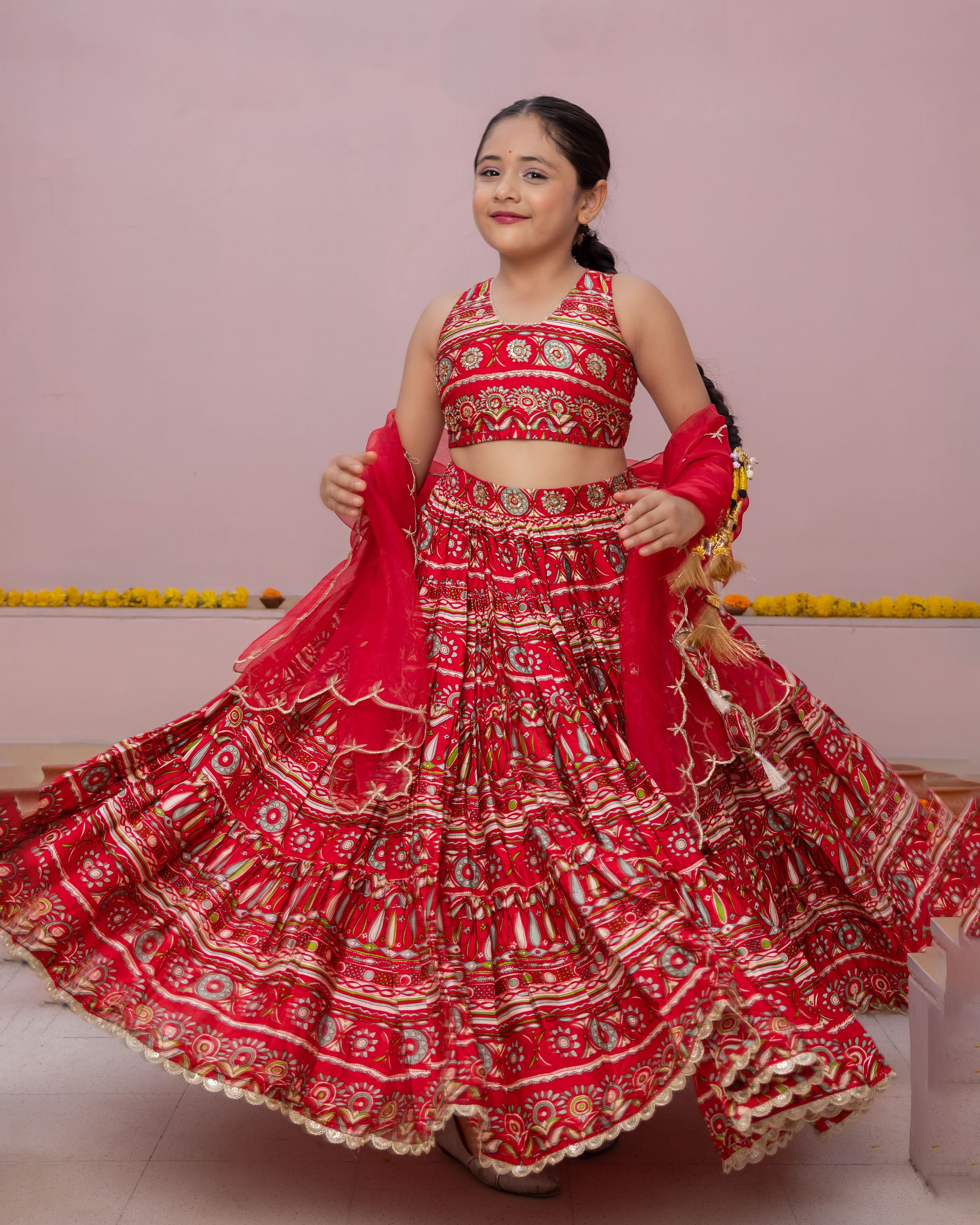 Nashra Red Printed Chanderi Lehenga Set