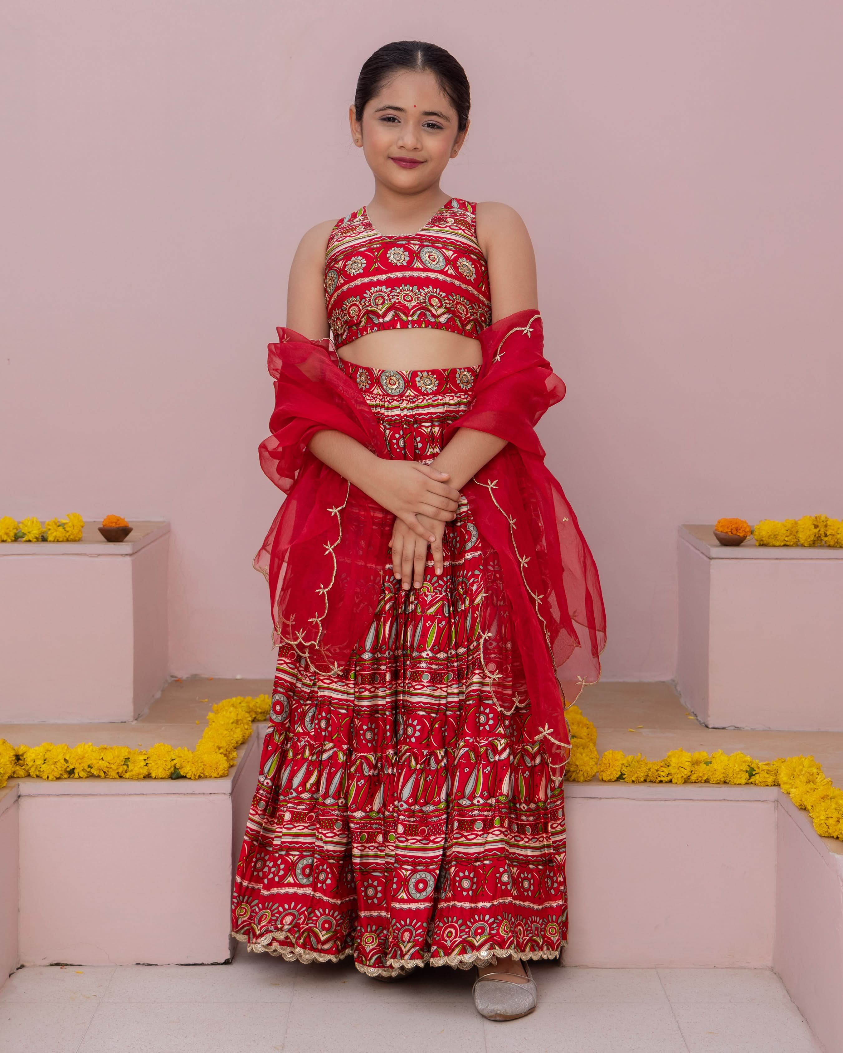 Nashra Red Printed Chanderi Lehenga Set - Image 2