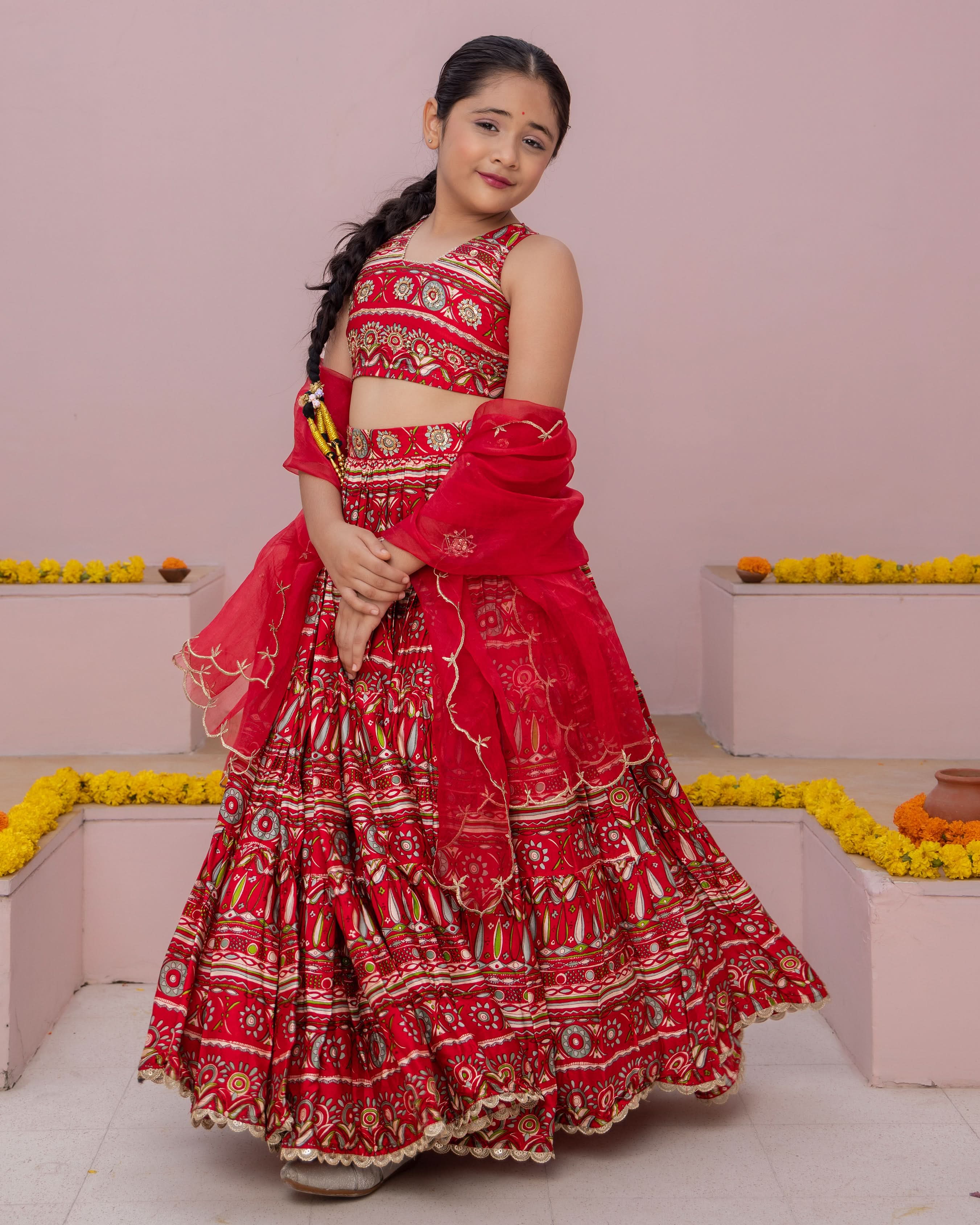 Nashra Red Printed Chanderi Lehenga Set - Image 3