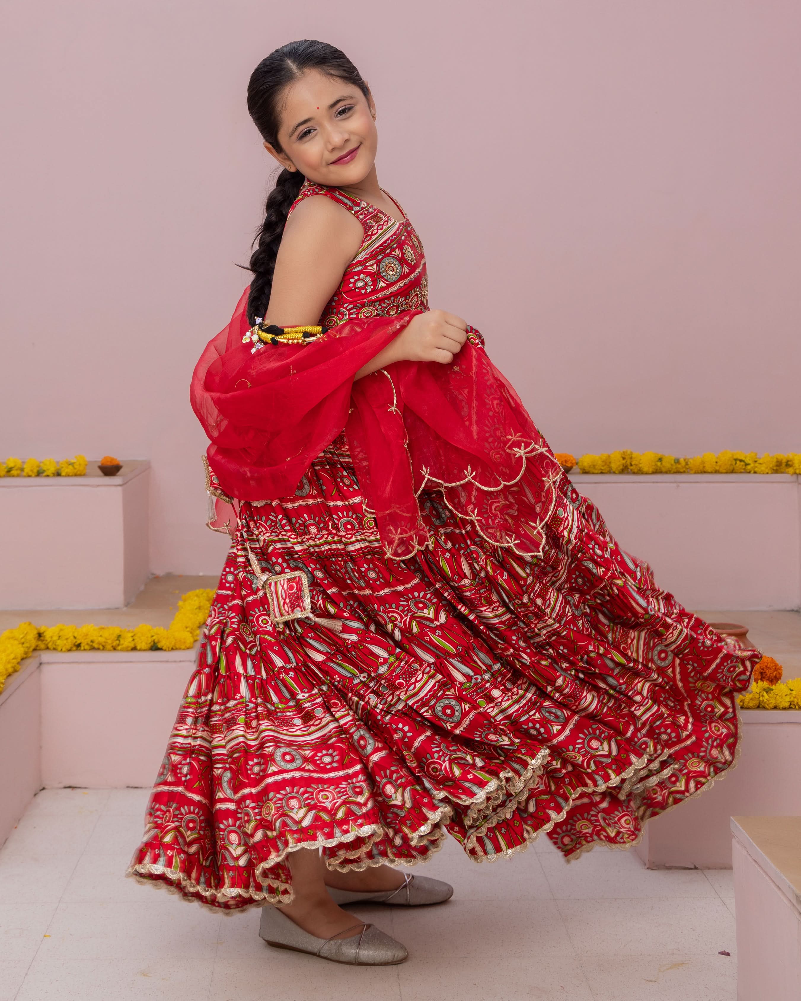 Nashra Red Printed Chanderi Lehenga Set - Image 4