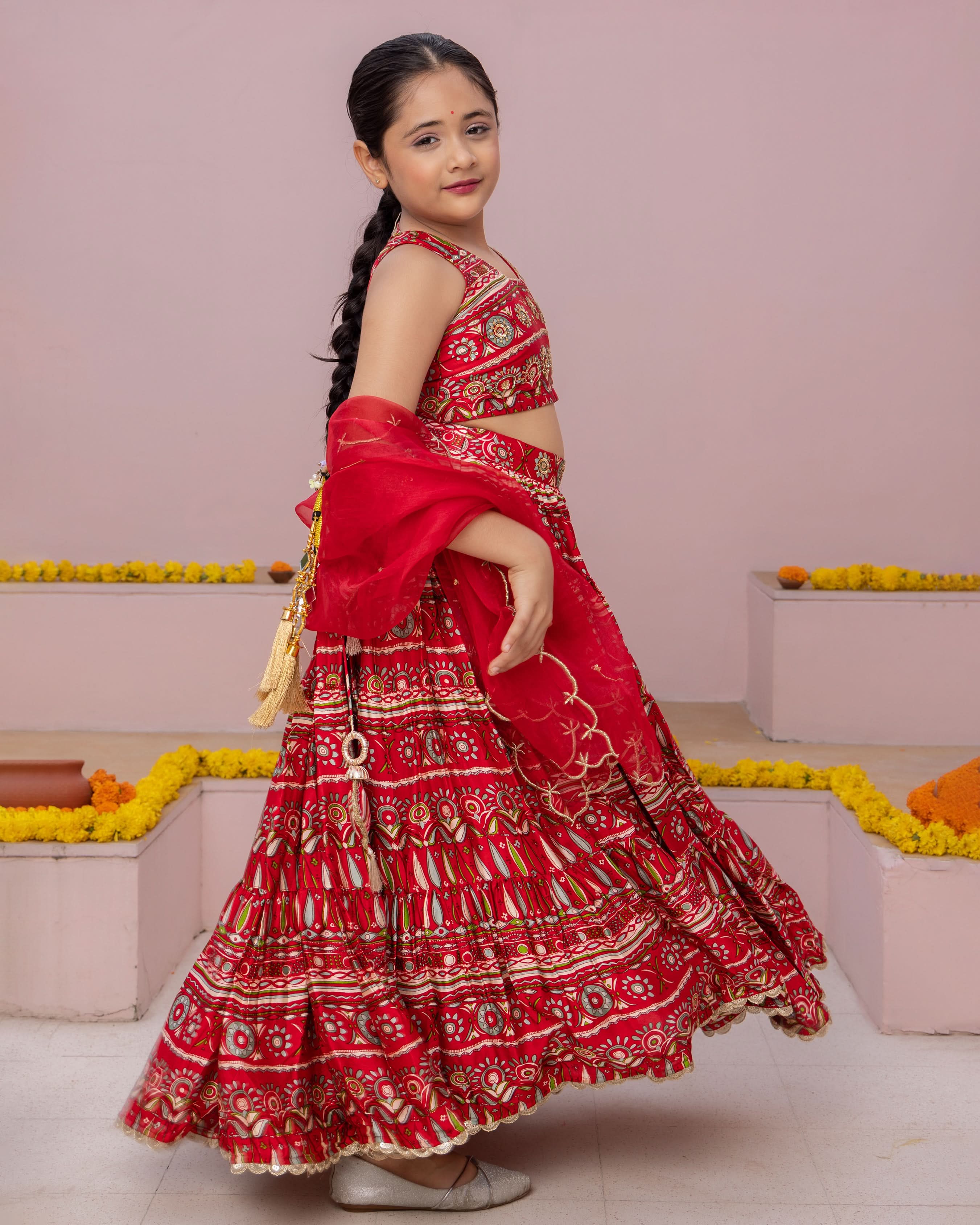 Nashra Red Printed Chanderi Lehenga Set - Image 5