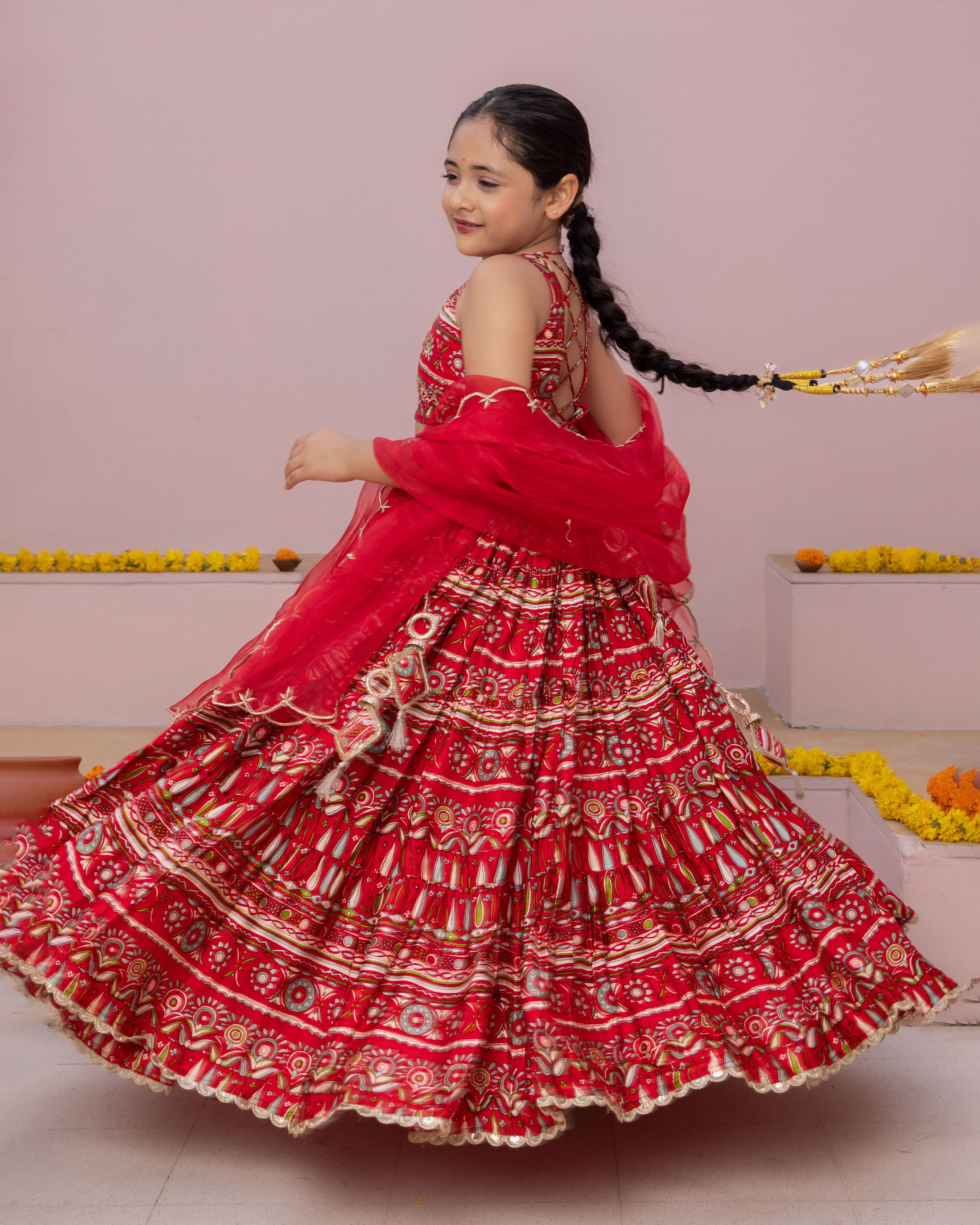 Nashra Red Printed Chanderi Lehenga Set - Image 6