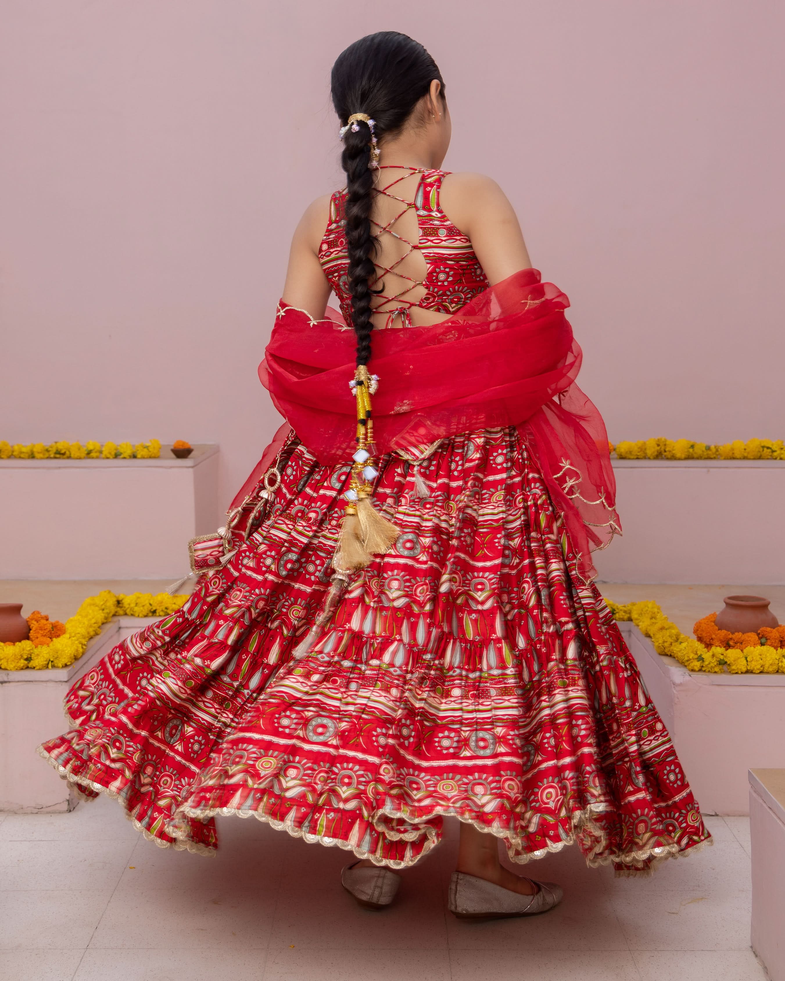Nashra Red Printed Chanderi Lehenga Set - Image 7