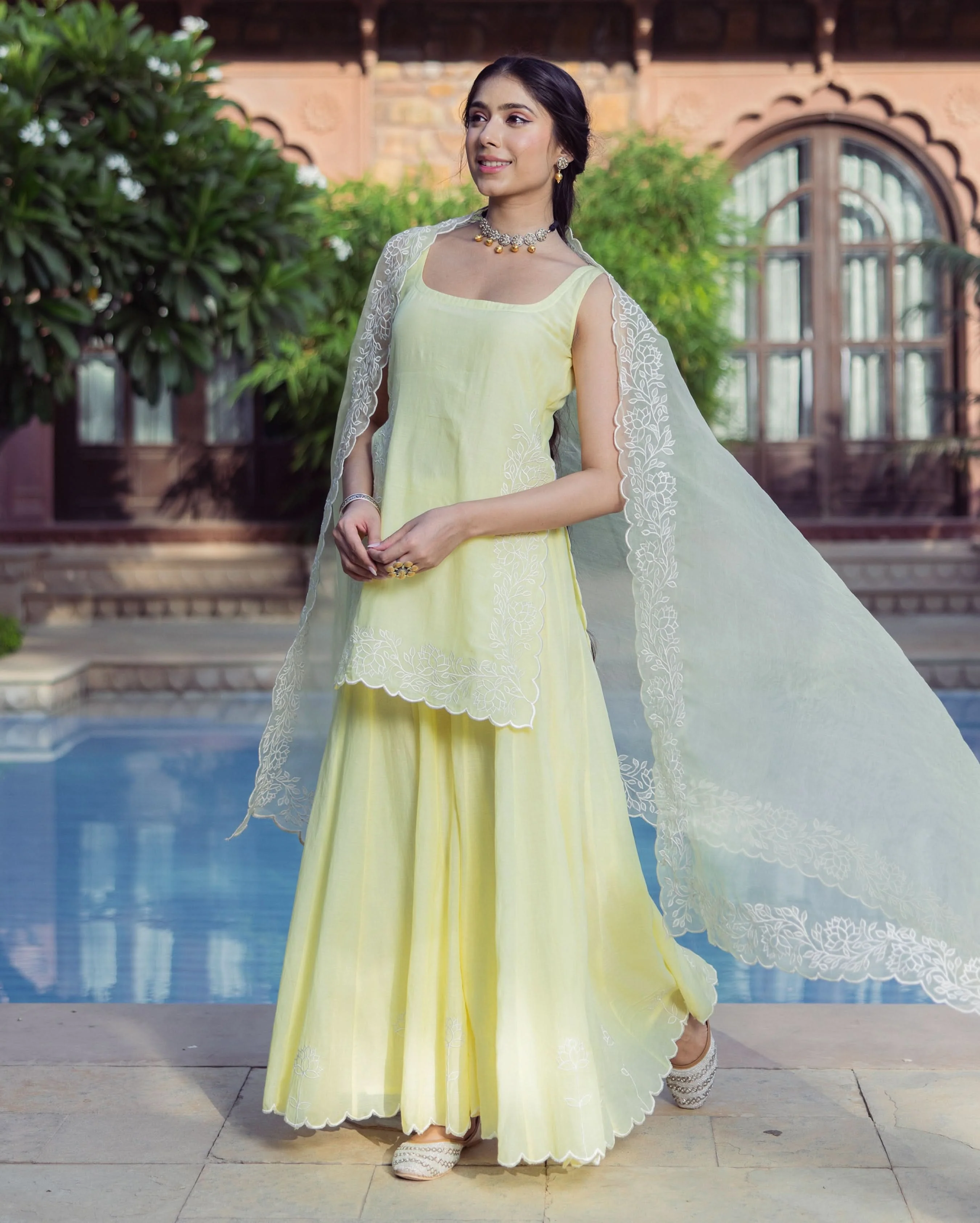 Nazakat Yellow Embroidered Cotton Sharara Set - Image 3
