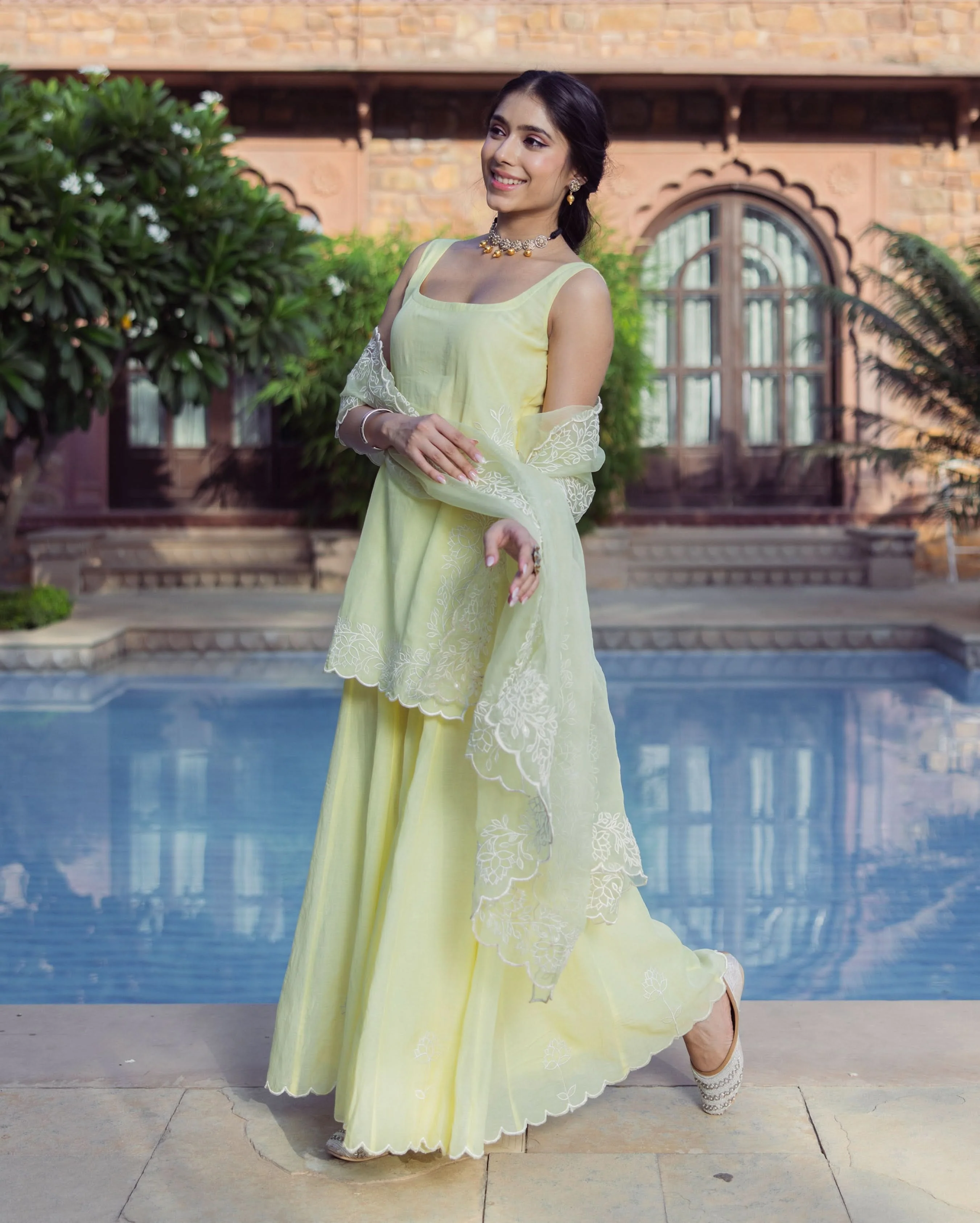 Nazakat Yellow Embroidered Cotton Sharara Set - Image 4