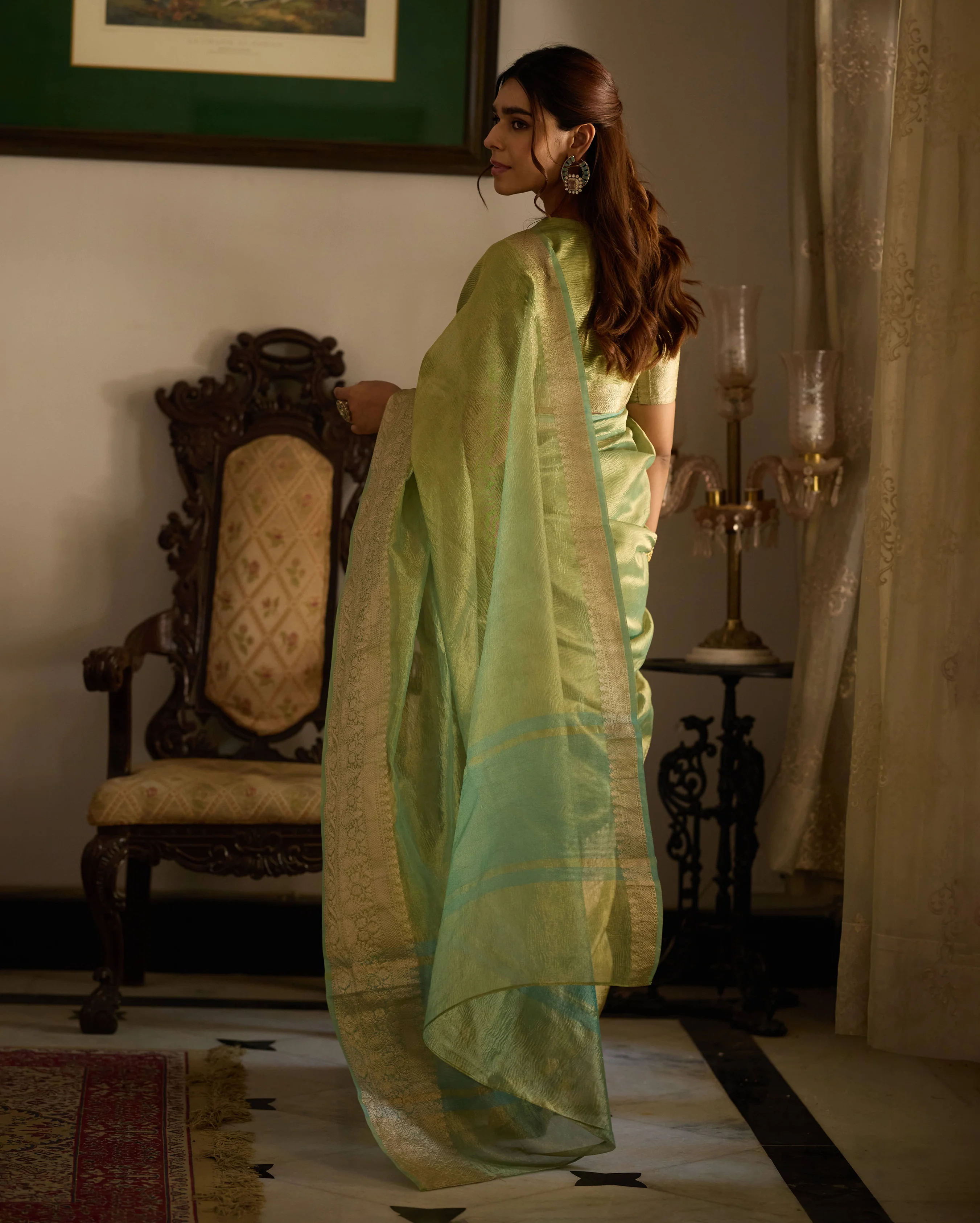 Nazara Green Solid Crushed Tissue Saree - Image 5