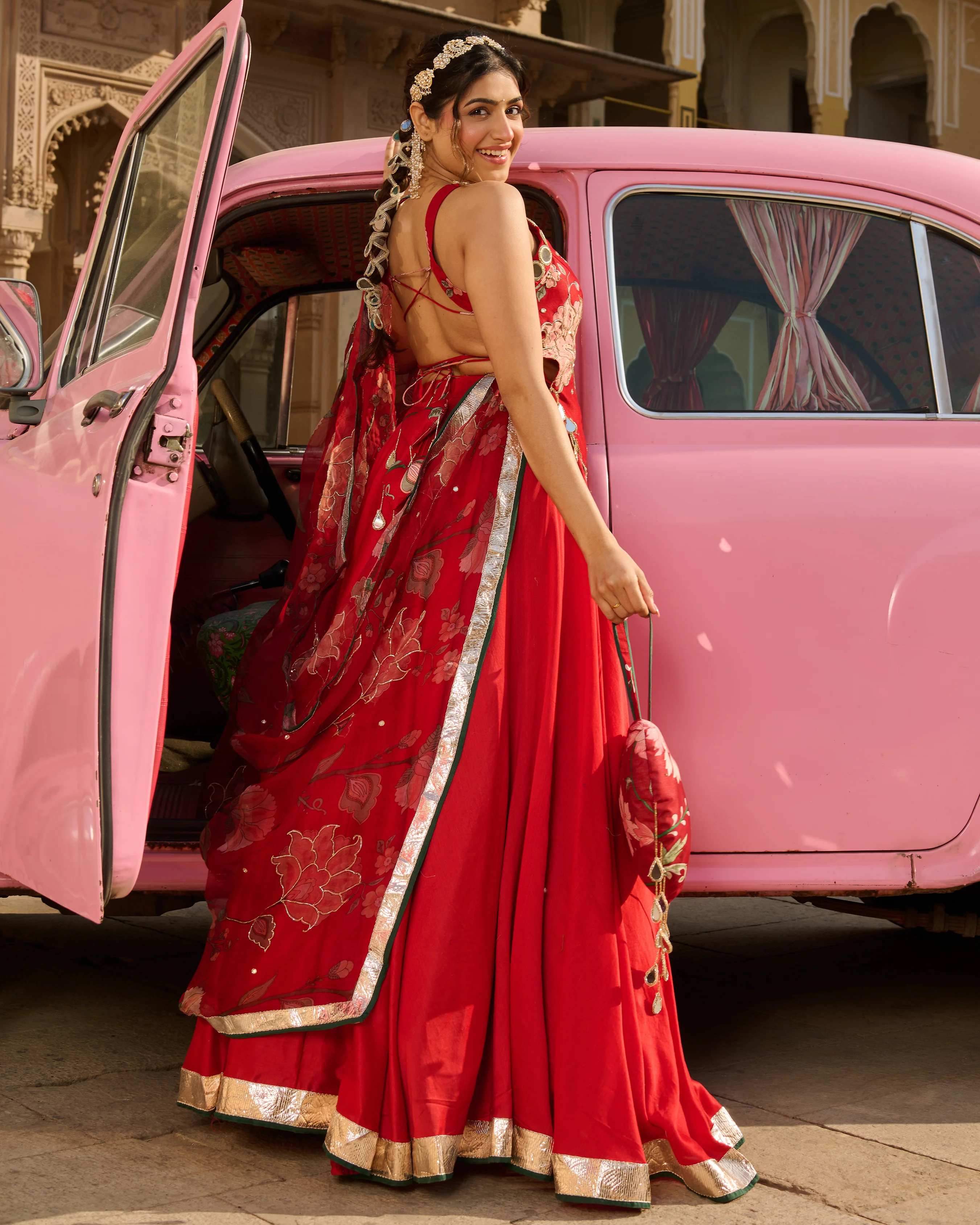 Nazm Red Printed Chanderi Lehenga Set - Image 3