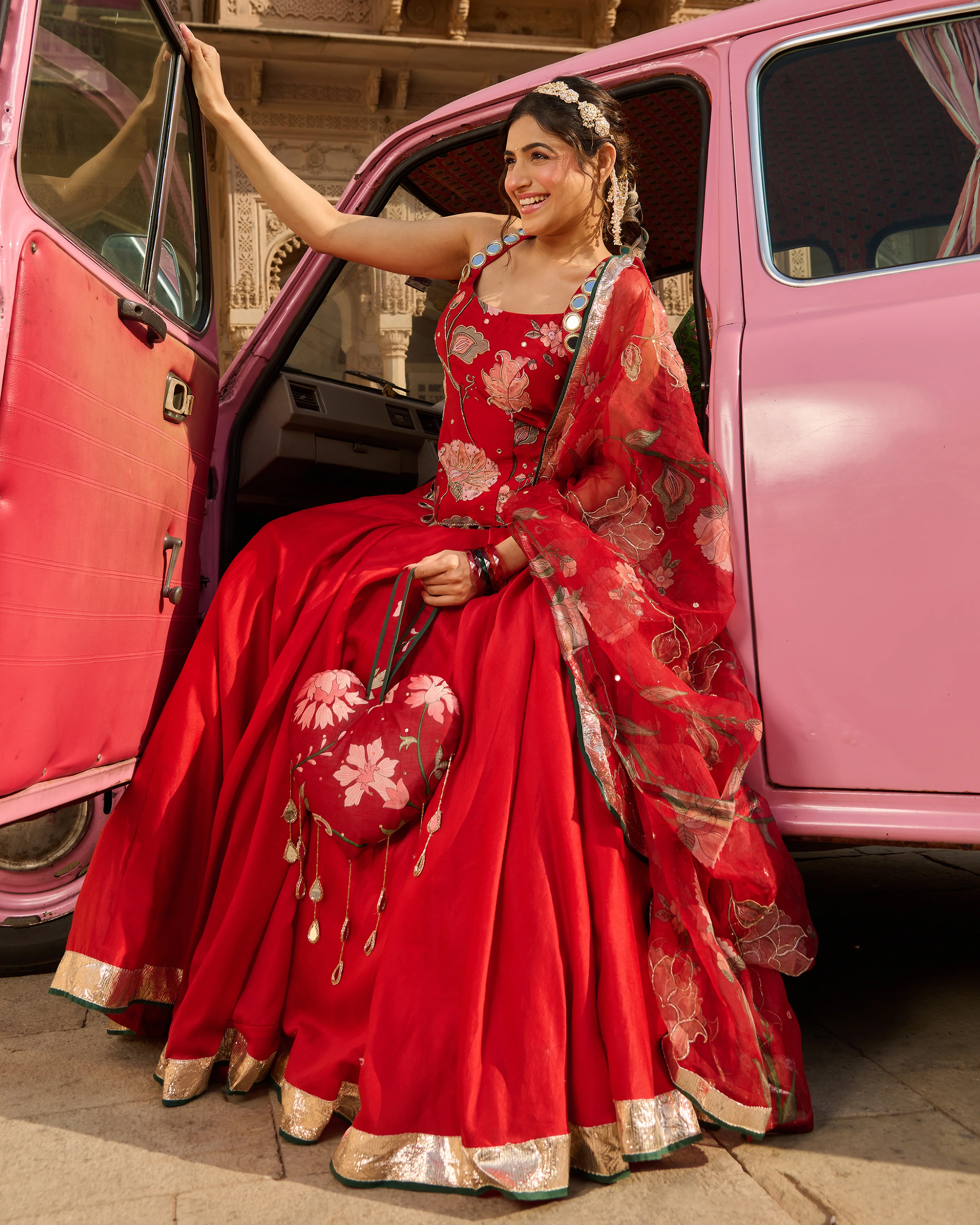 Nazm Red Printed Chanderi Lehenga Set - Image 4