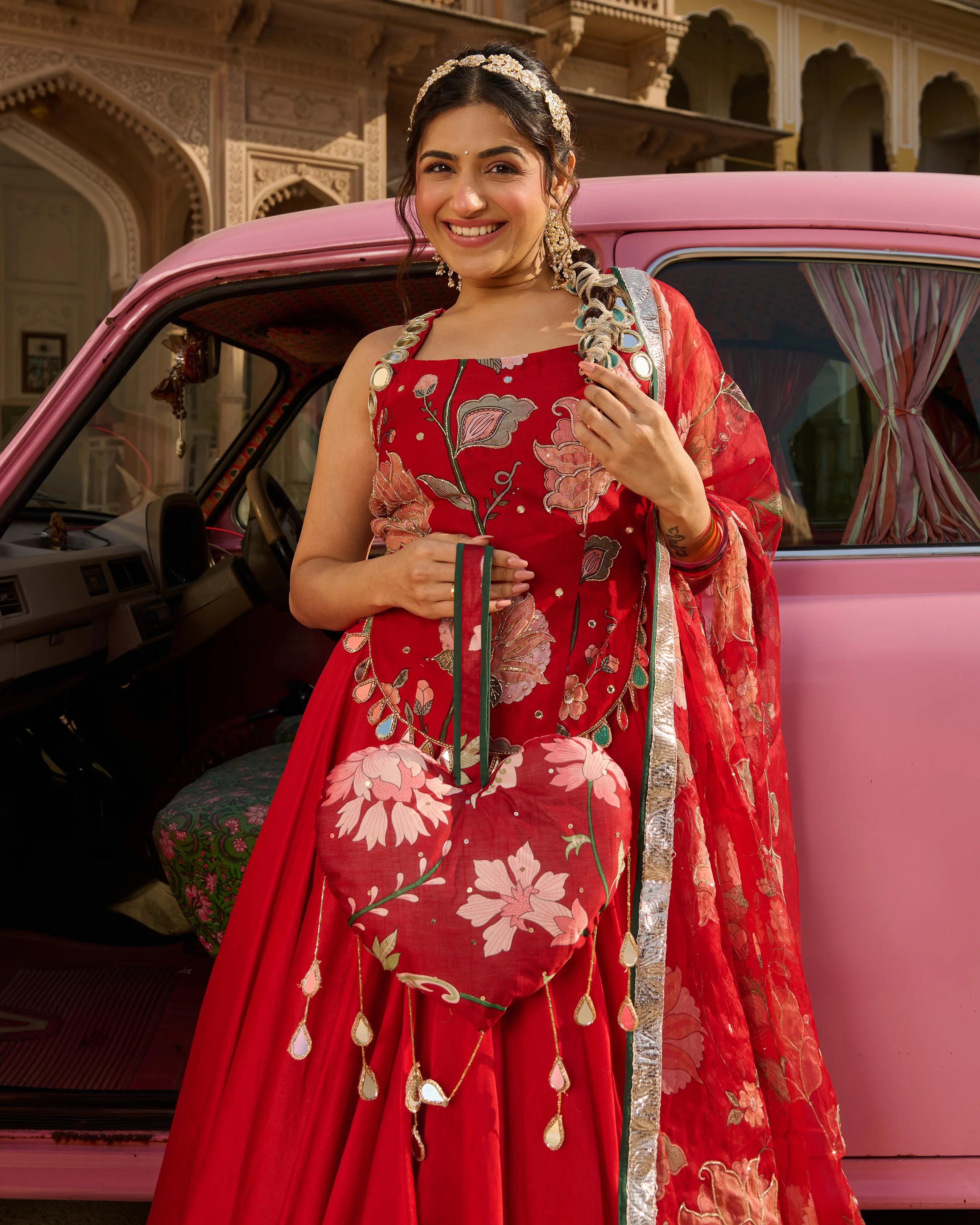 Nazm Red Printed Chanderi Lehenga Set - Image 5
