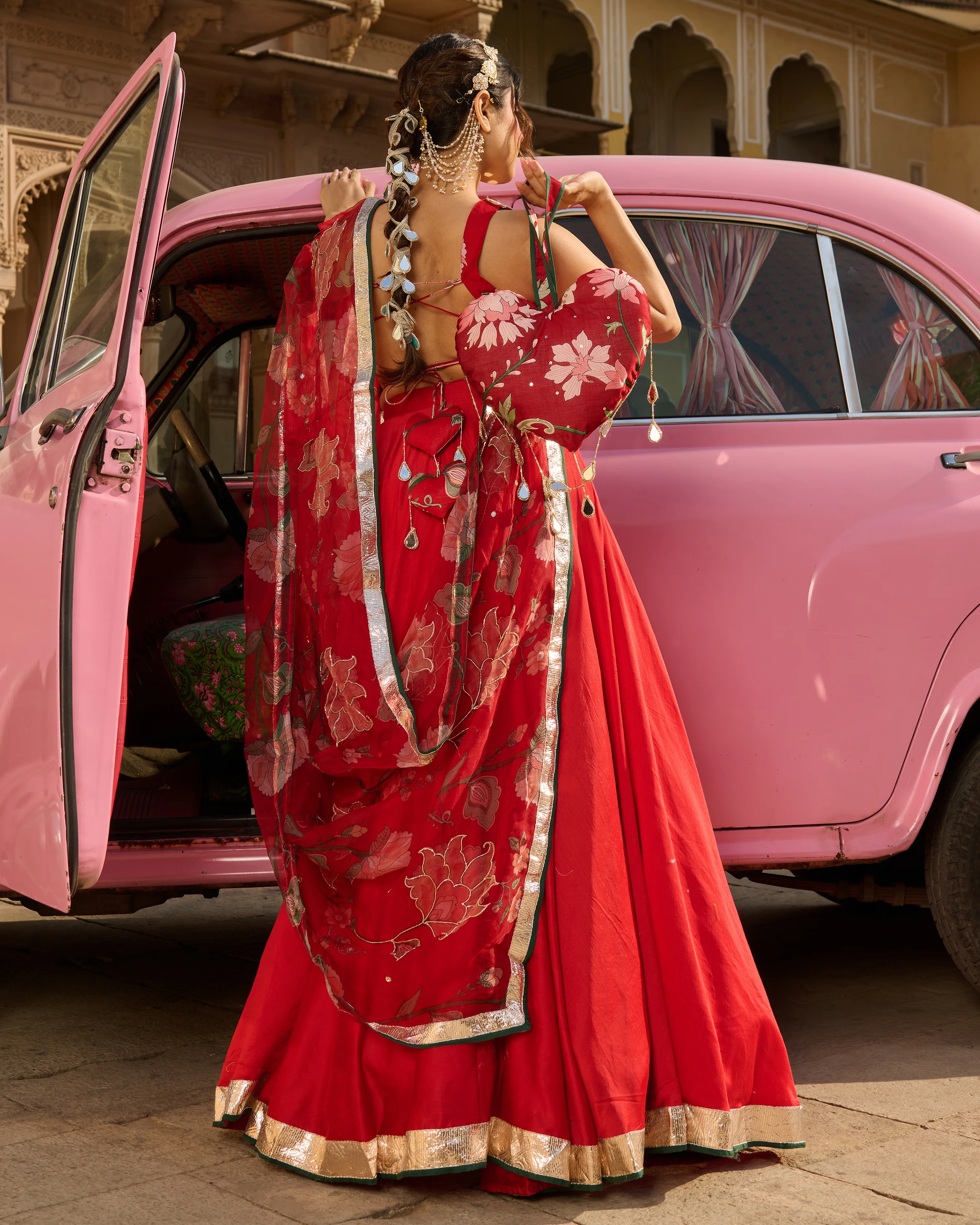 Nazm Red Printed Chanderi Lehenga Set - Image 7