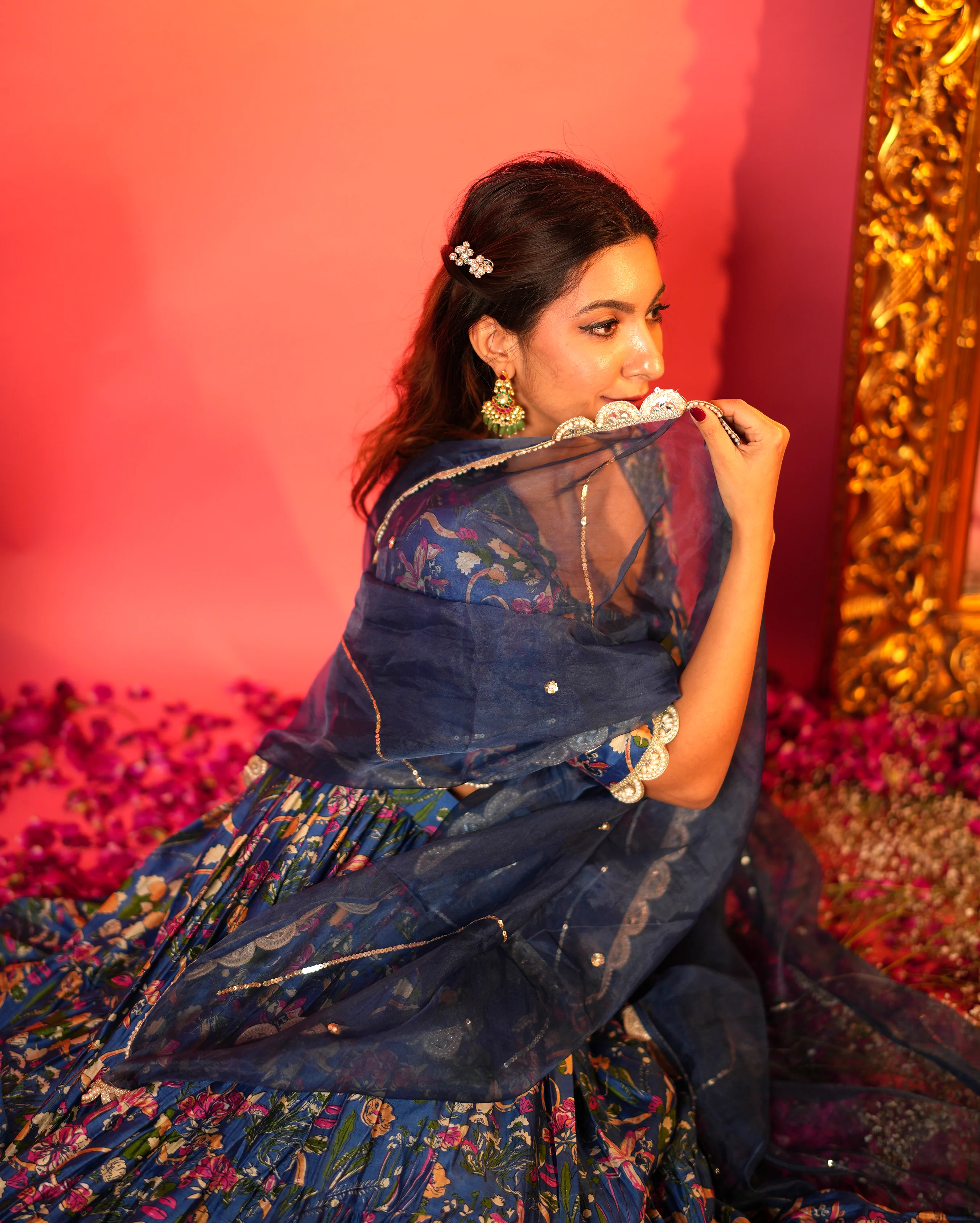 Neelam Blue Printed Chanderi Lehenga Set - Image 4
